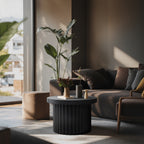 Moderner runder Couchtisch in Schwarz mit Holzoptik