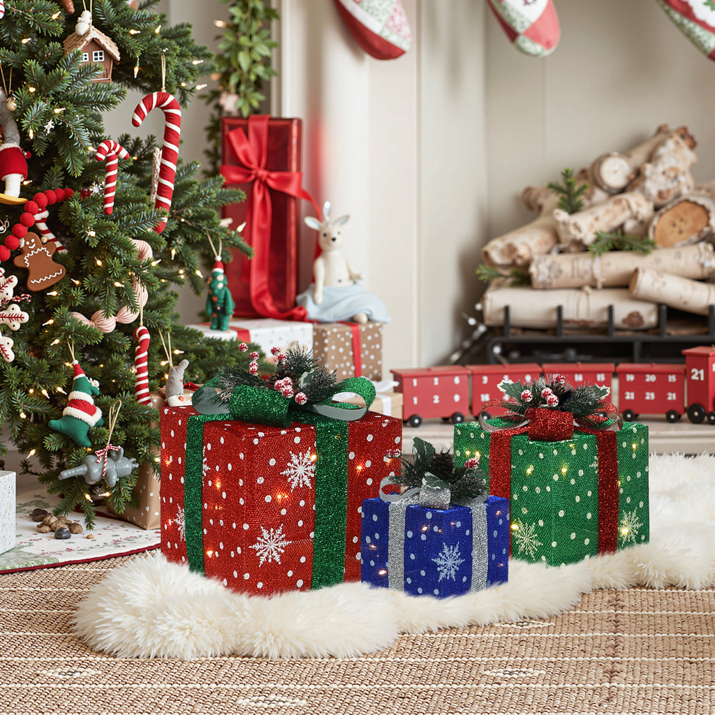 3er-Set LED-Geschenkboxen – Weihnachtsdeko in Rot, Grün & Blau mit Schneeflocken-Muster