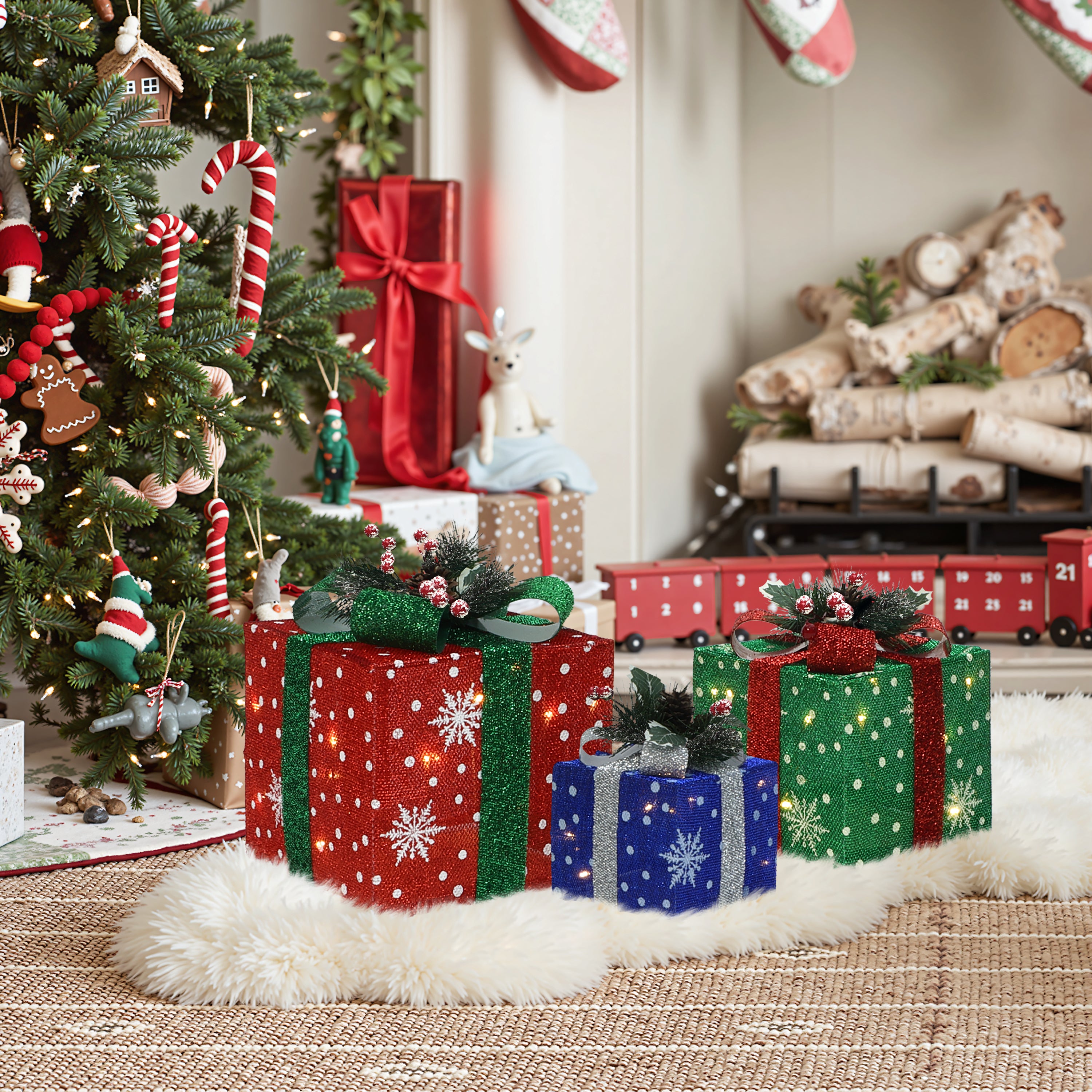 3er-Set LED-Geschenkboxen – Weihnachtsdeko in Rot, Grün & Blau mit Schneeflocken-Muster