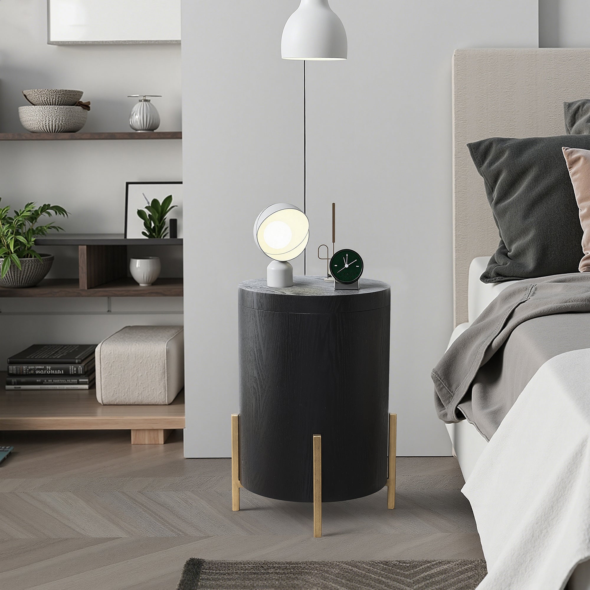 Runder Beistelltisch mit Stauraum, Schwarz Holzoptik und Gold Metallgestell