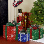 3er-Set LED-Geschenkboxen – Weihnachtsdeko in Rot, Grün & Blau mit Schneeflocken-Muster