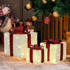 3er-Set LED-Geschenkboxen – Weihnachtsdeko in Weiß mit roten Schleifen