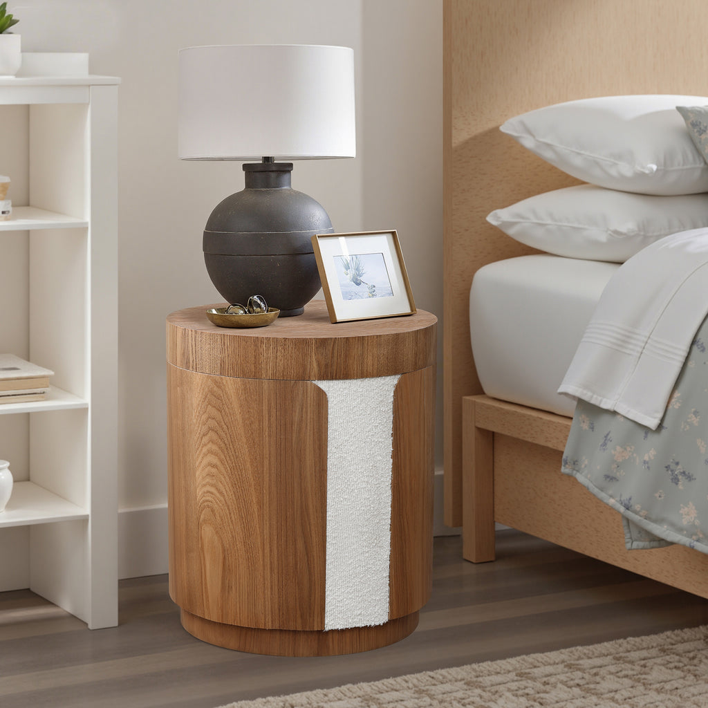 Runder Beistelltisch mit Stauraum MDF Holzstruktur und Stoffdetail