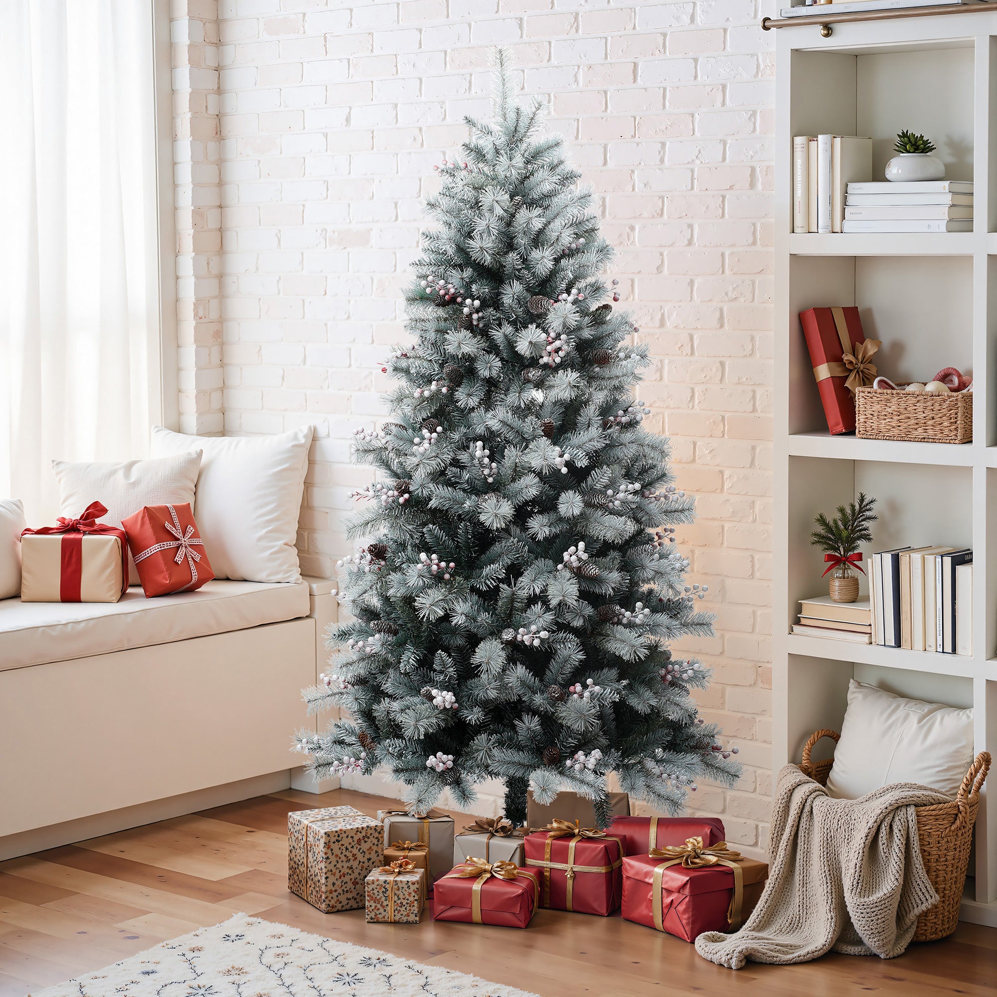 180 cm künstlicher Weihnachtsbaum mit Frost-Effekt – dekoriert mit Schneezapfen & roten Beeren