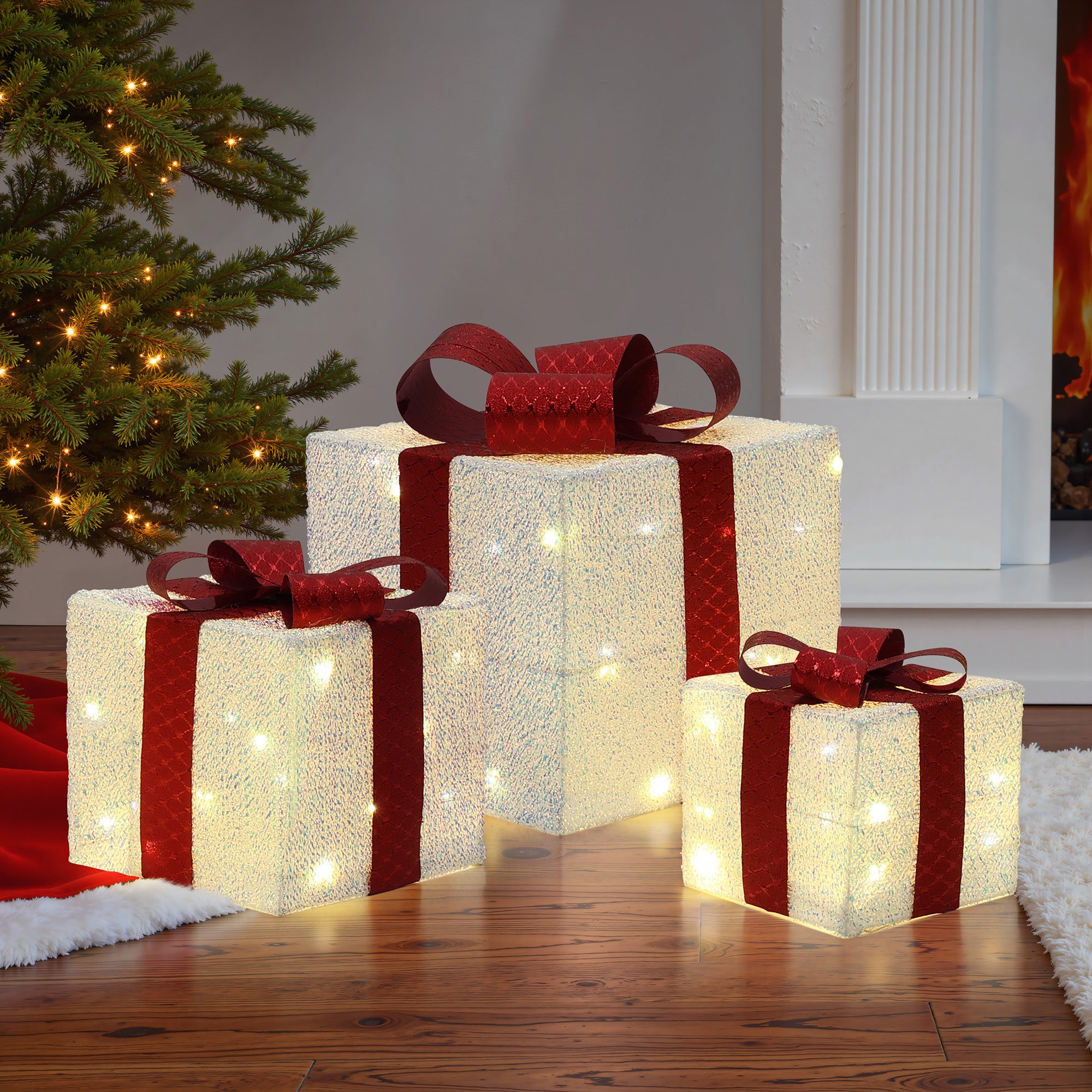 3er-Set LED-Geschenkboxen – Weihnachtsdeko in Weiß mit roten Schleifen