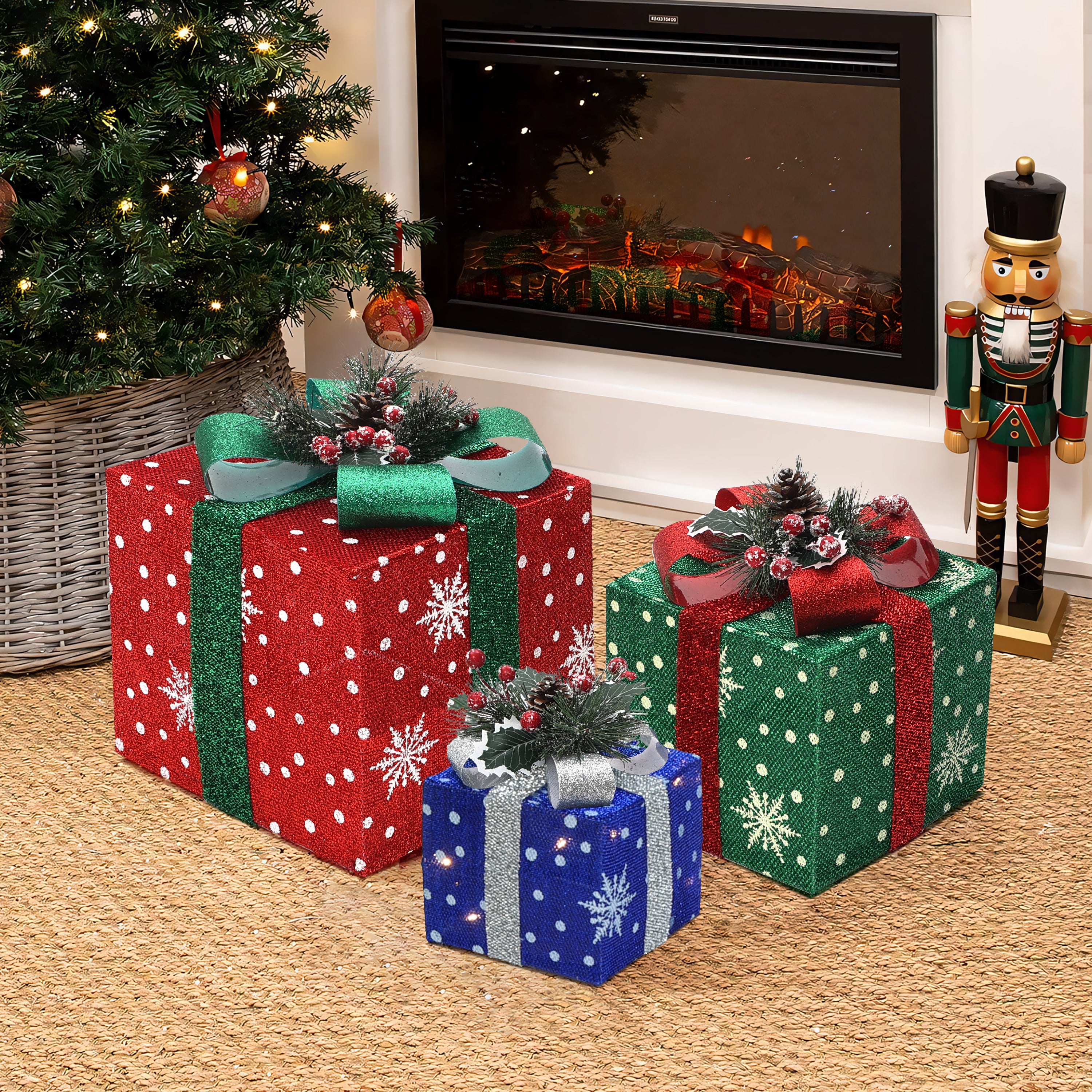 3er-Set LED-Geschenkboxen – Weihnachtsdeko in Rot, Grün & Blau mit Schneeflocken-Muster