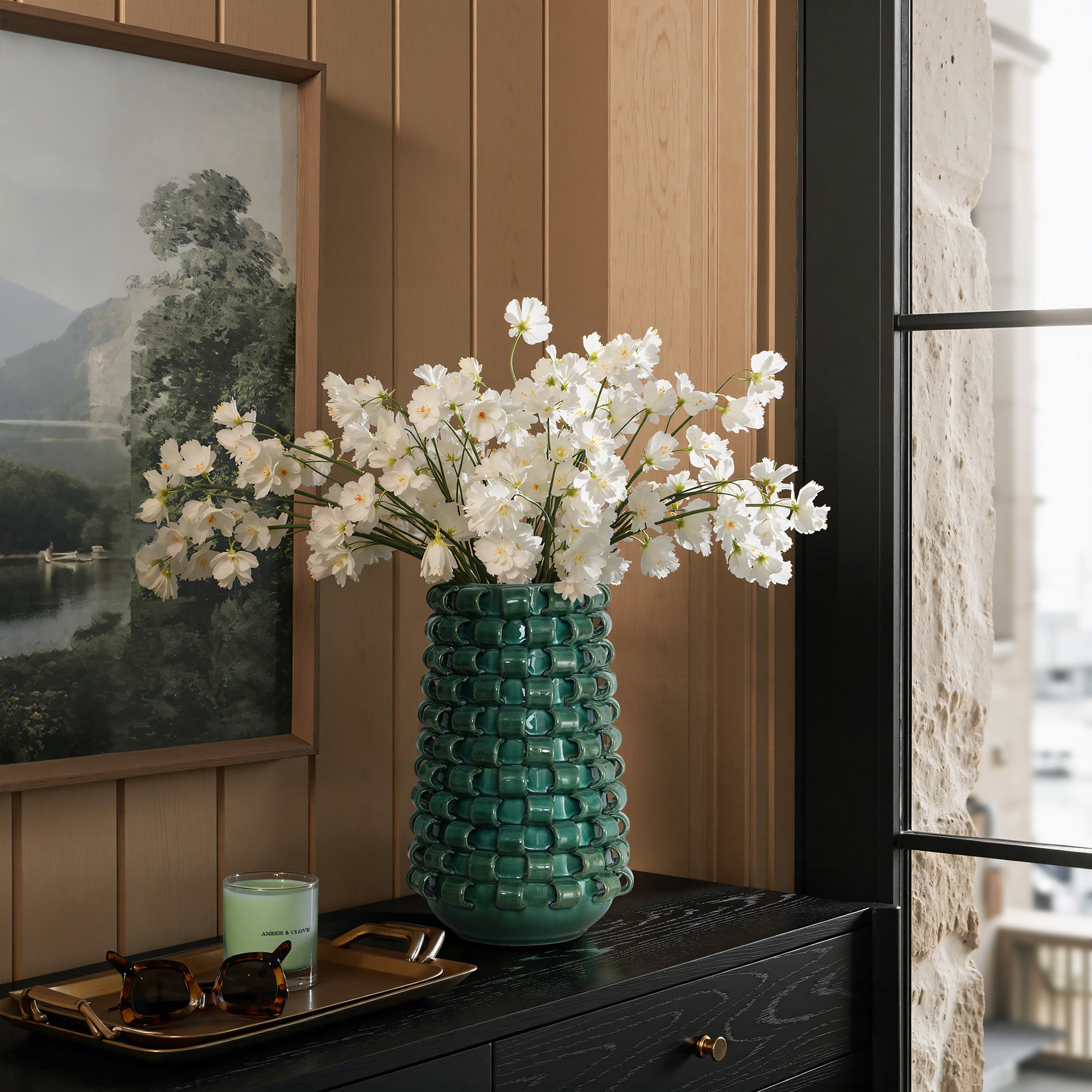 Keramikvase in Dunkelgrün mit Reliefstruktur – 31 cm