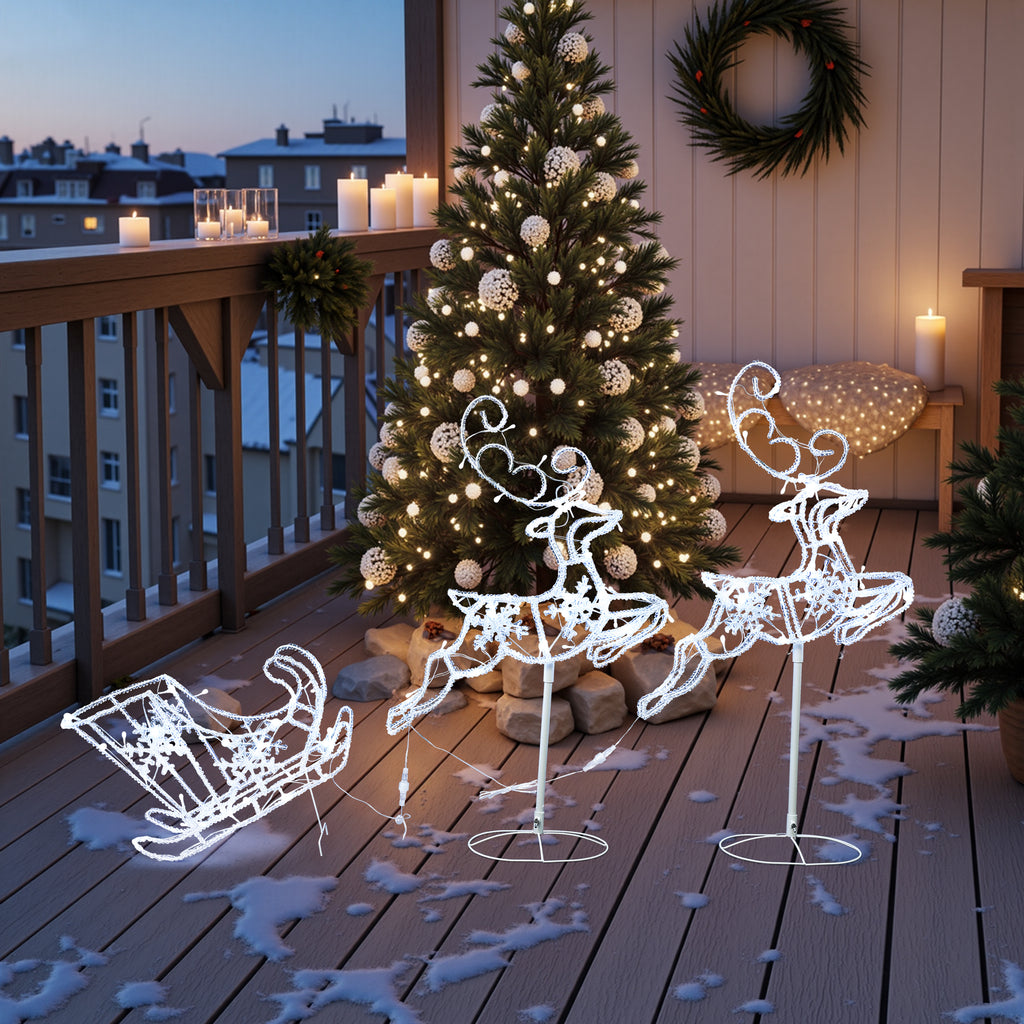 2 LED-Rentiere mit Schlitten – Weihnachtsdeko mit kaltweißen Lichtern für Innen- und Außen