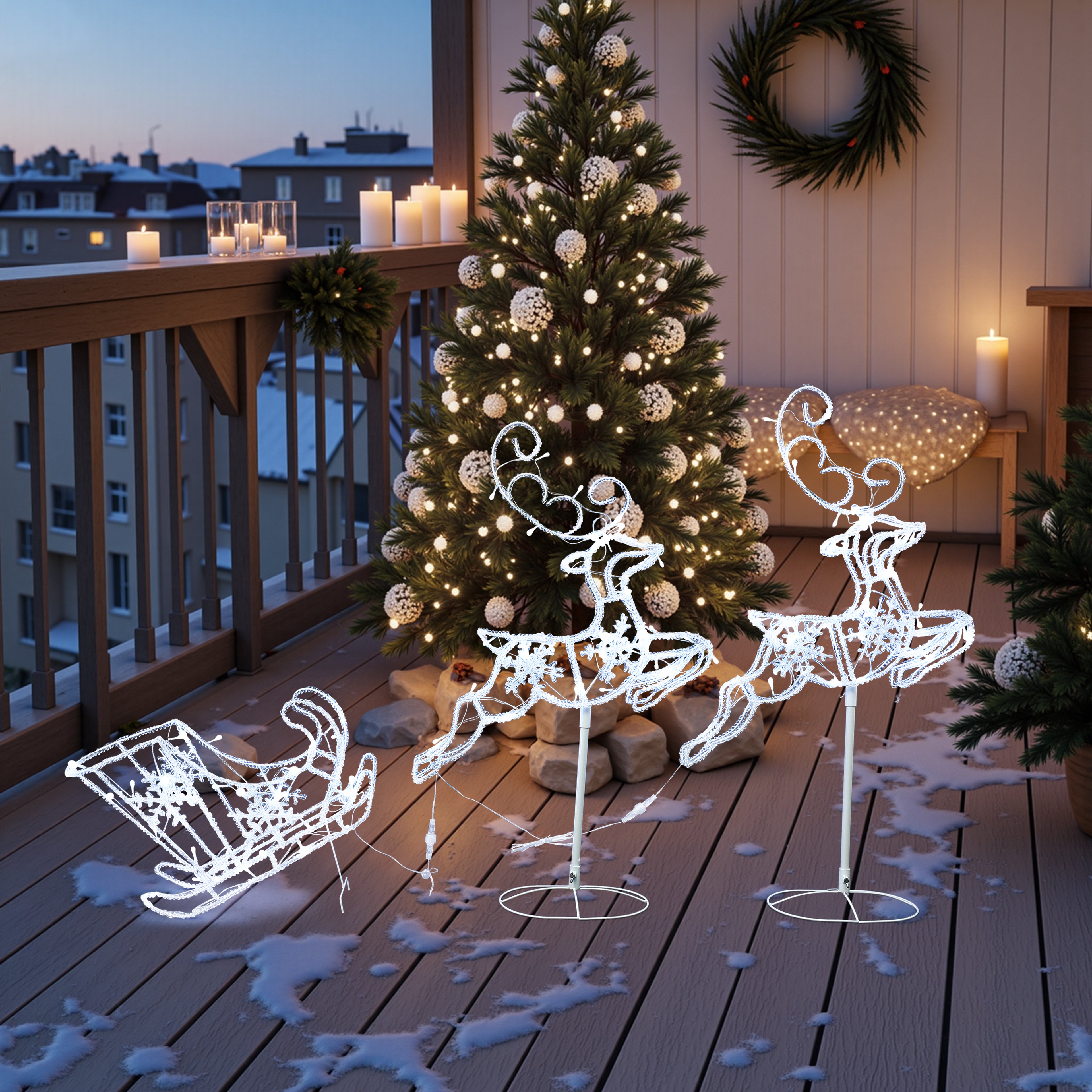 2 LED-Rentiere mit Schlitten – Weihnachtsdeko mit kaltweißen Lichtern für Innen- und Außen