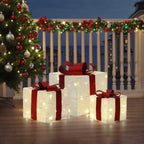 3er-Set LED-Geschenkboxen – Weihnachtsdeko in Weiß mit roten Schleifen