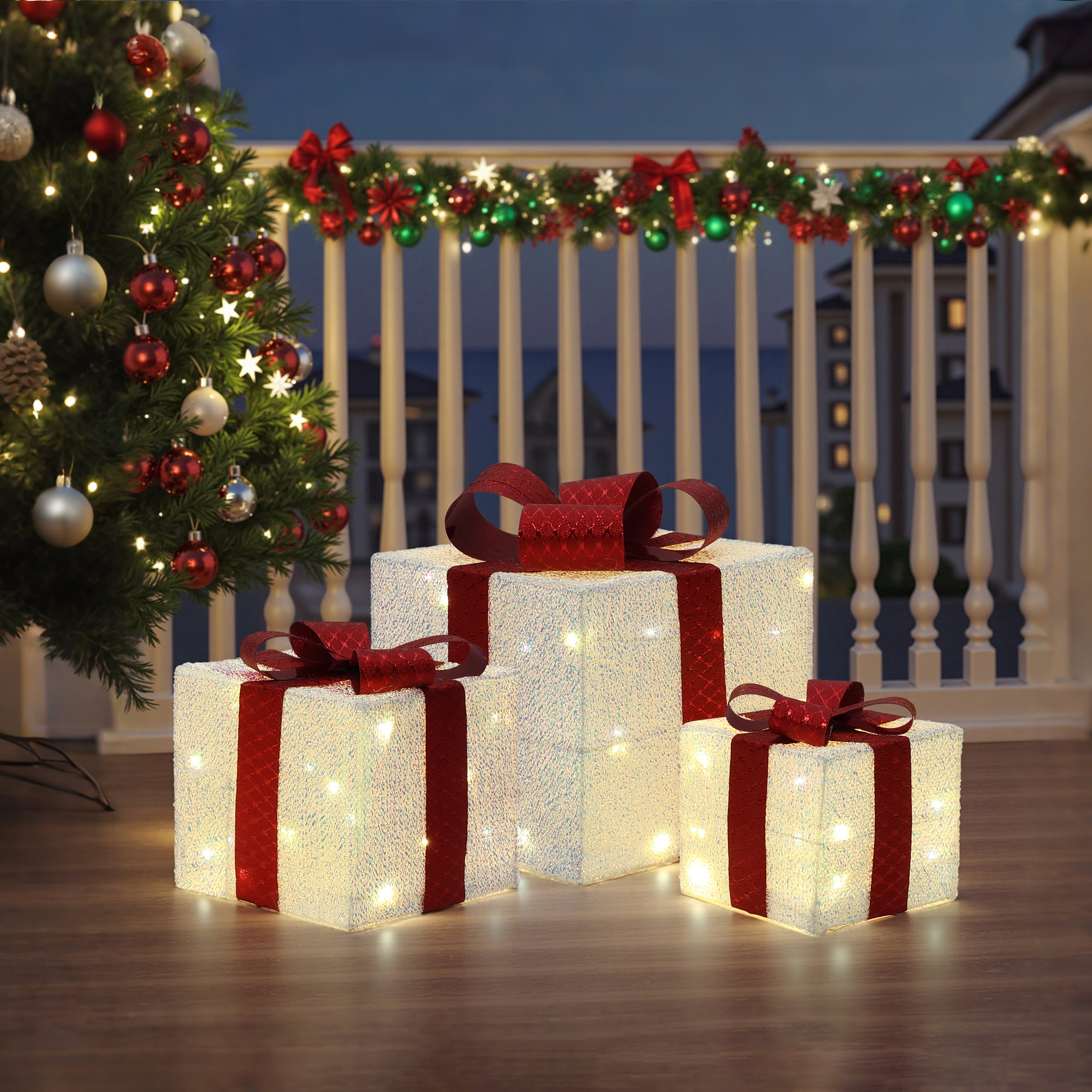 3er-Set LED-Geschenkboxen – Weihnachtsdeko in Weiß mit roten Schleifen