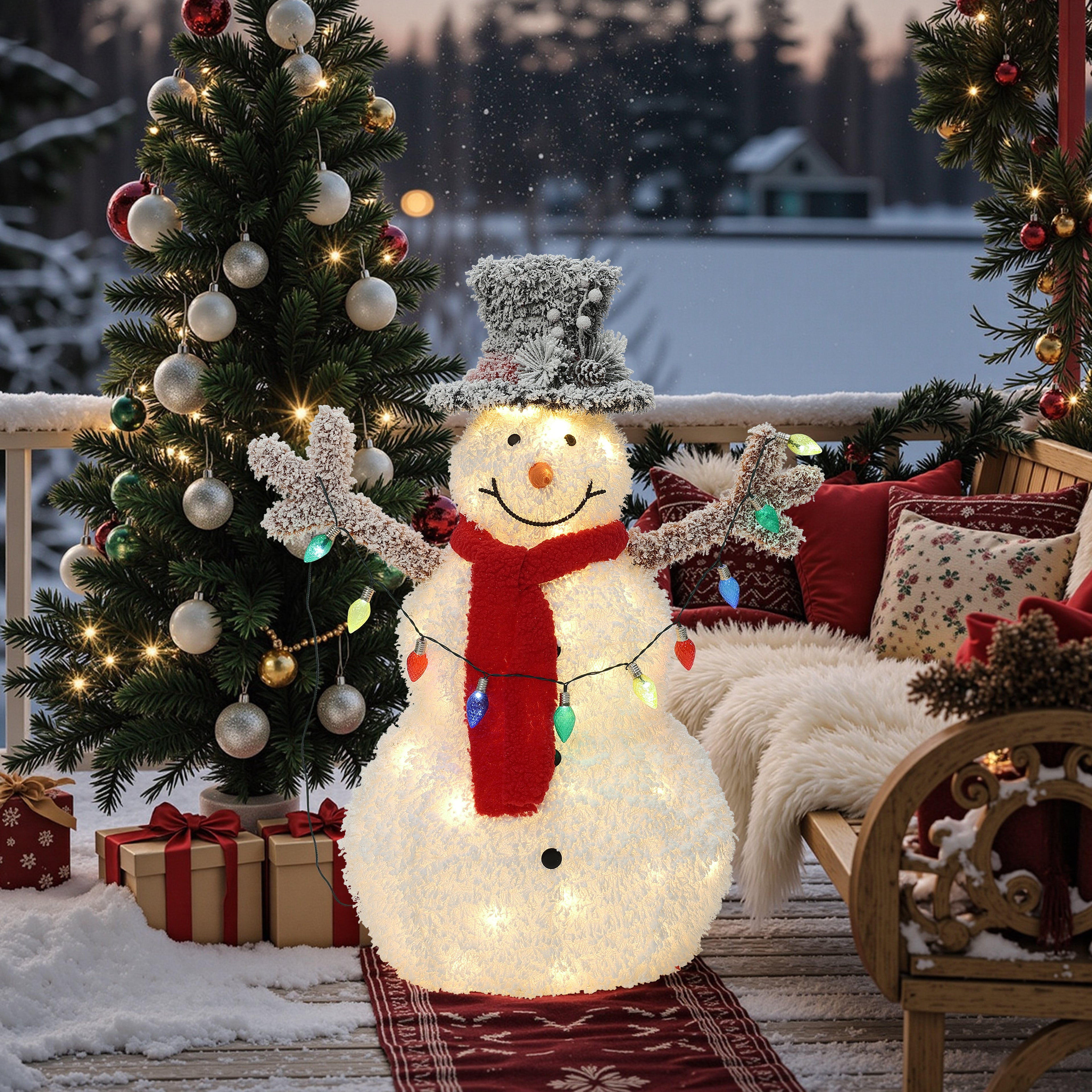 LED-Schneemann mit Schneeeffekt –  Leuchtende Weihnachtsfigur mit Zylinderhut, rotem Schal für Innen und Außen