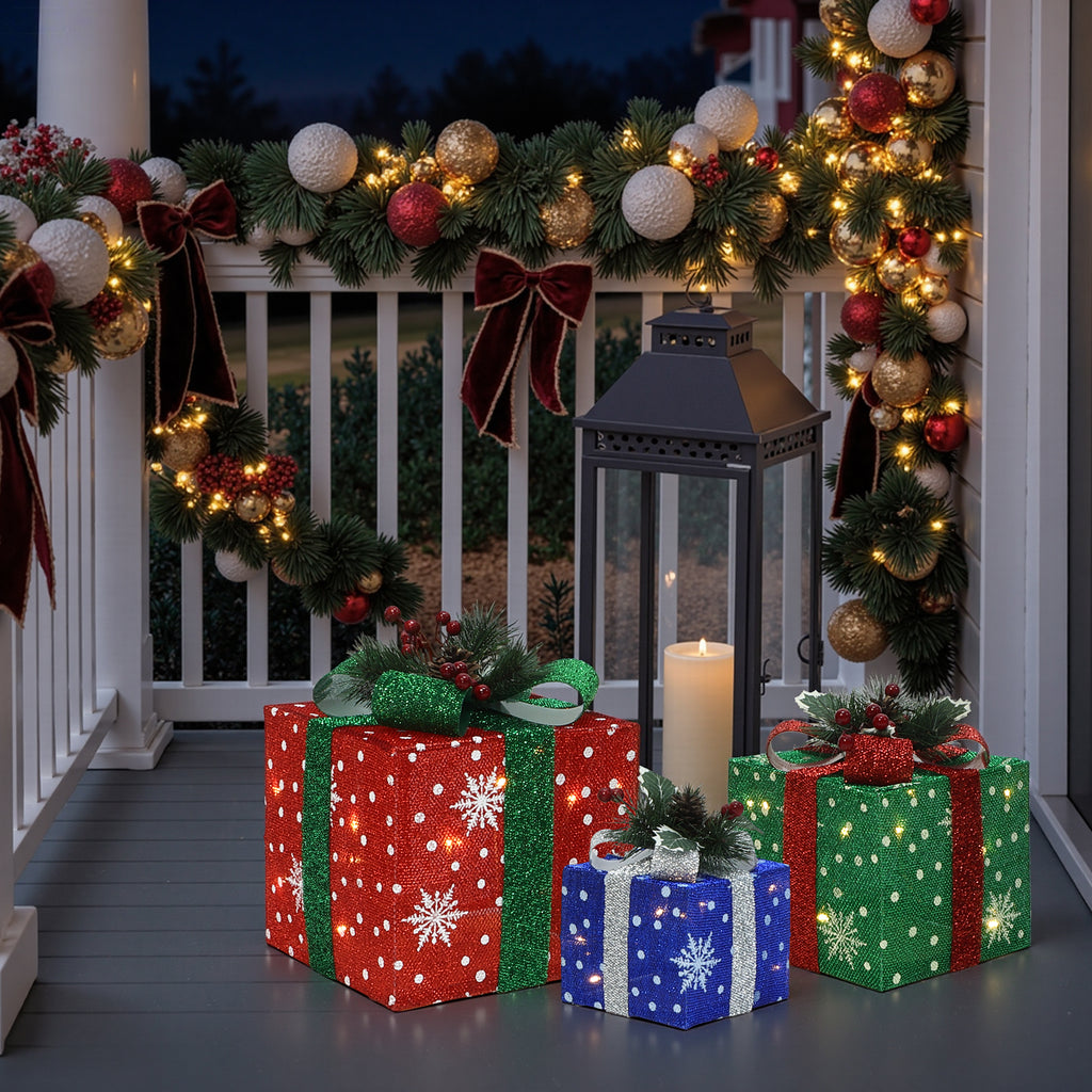 3er-Set LED-Geschenkboxen – Weihnachtsdeko in Rot, Grün & Blau mit Schneeflocken-Muster