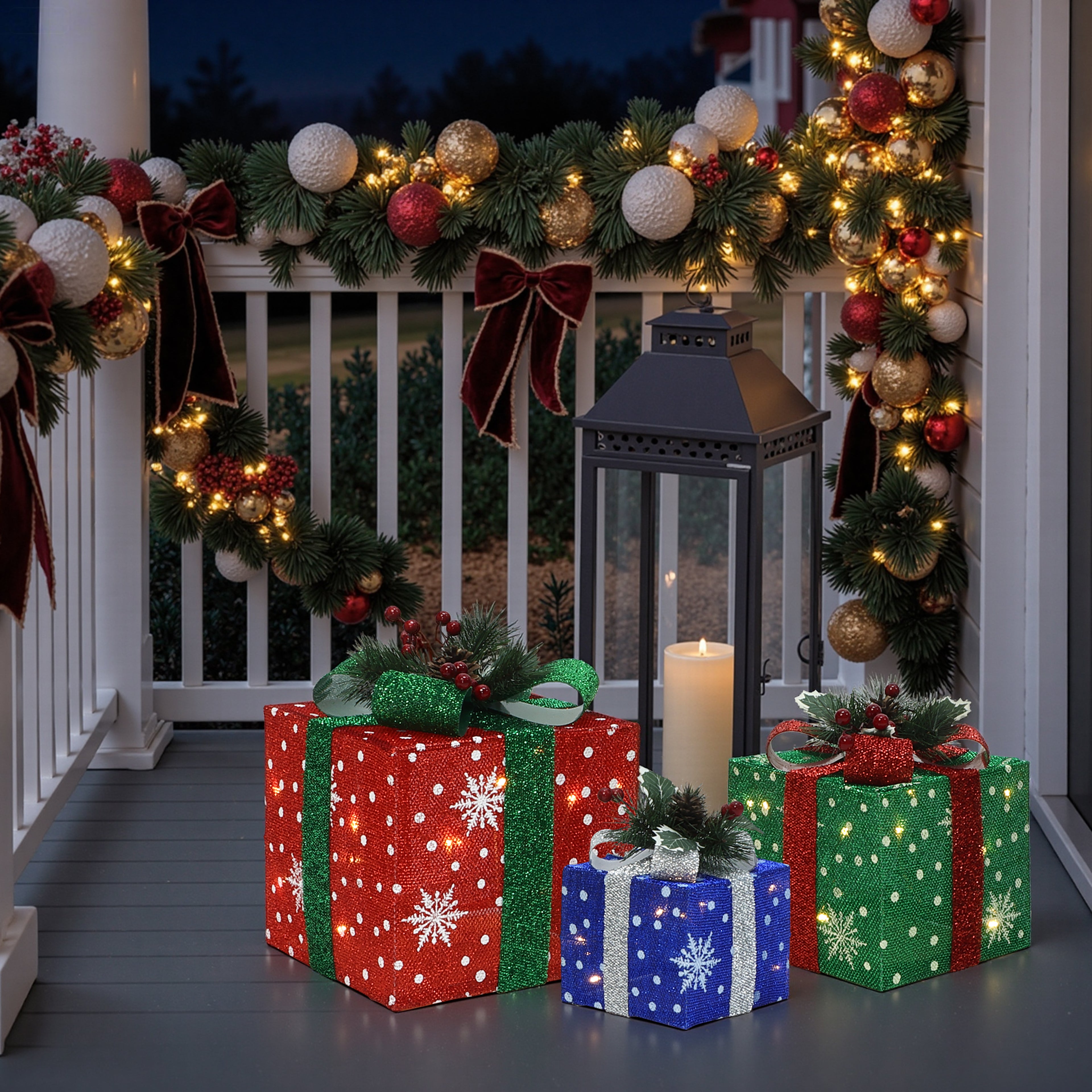 3er-Set LED-Geschenkboxen – Weihnachtsdeko in Rot, Grün & Blau mit Schneeflocken-Muster