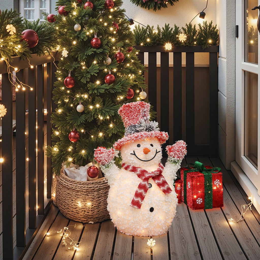 LED-Schneemann mit Schneeeffekt – Leuchtfigur mit rotem Hut, Schal und Handschuhen für Innen und Außen
