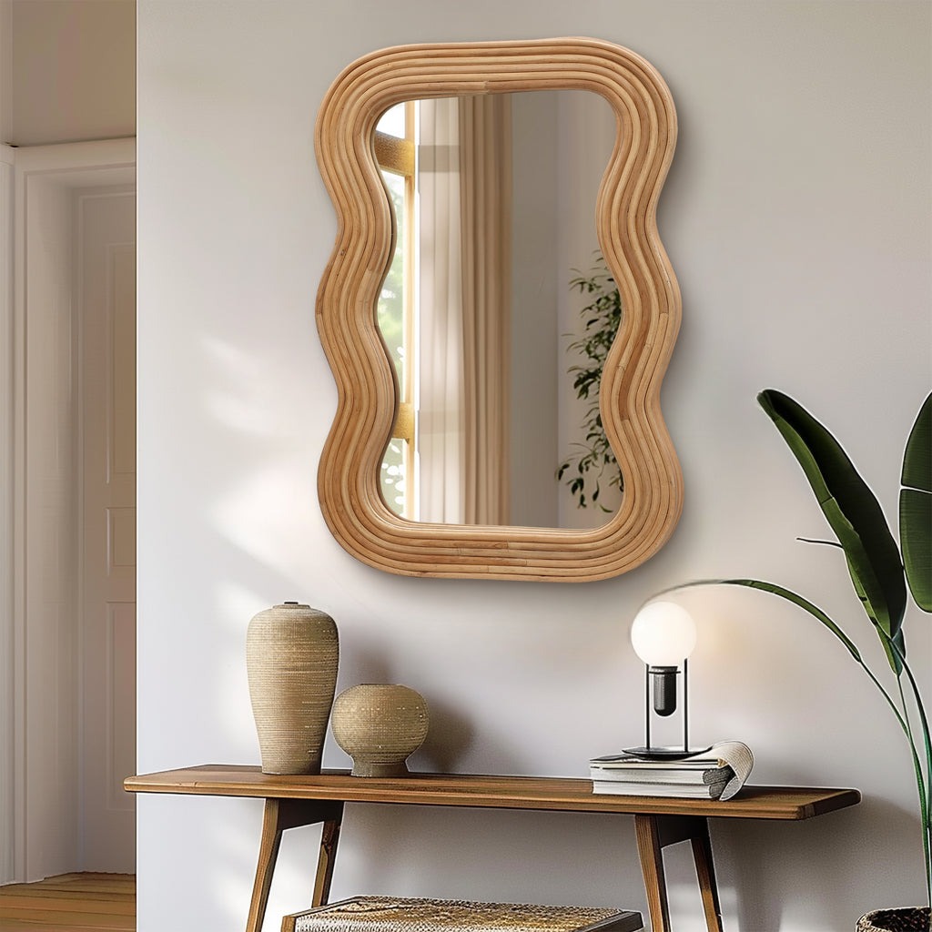 Wellenförmiger Rattan-Wandspiegel – Boho-Deko-Spiegel für Wohnzimmer
