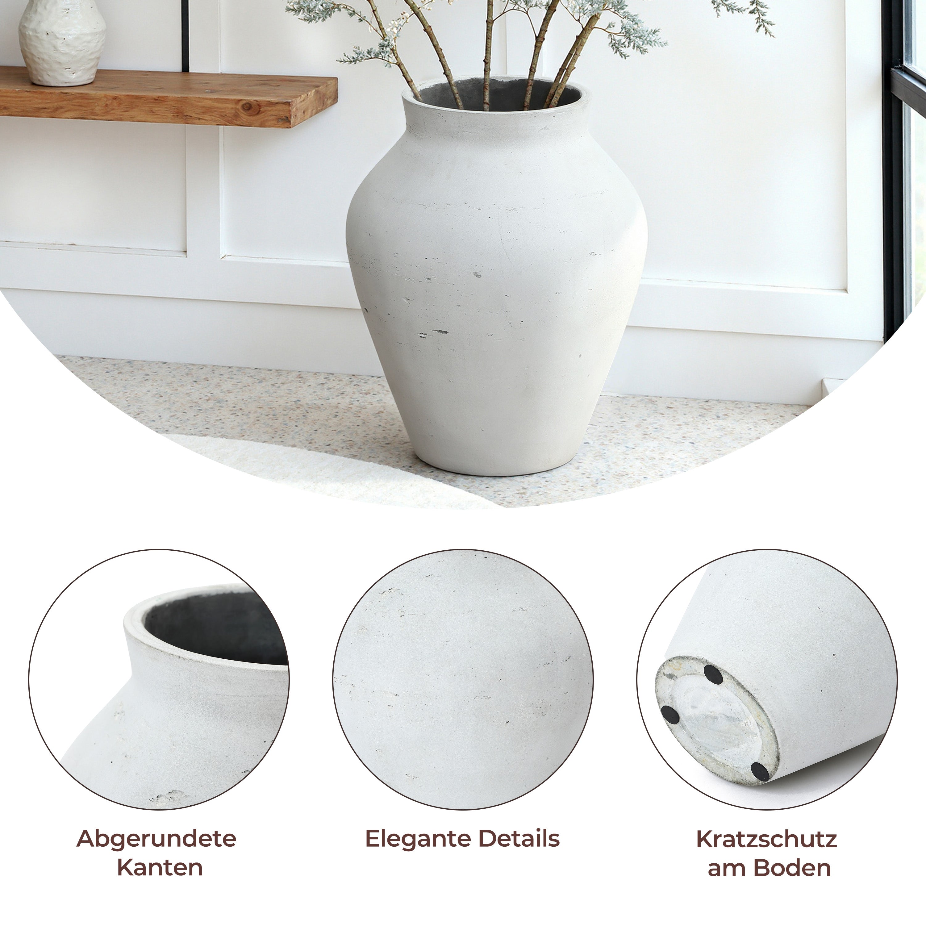 Große Vase Weiß aus Beton, Wabi-Sabi Blumenvase Minimalistisch, Handgefertigte Dekovase