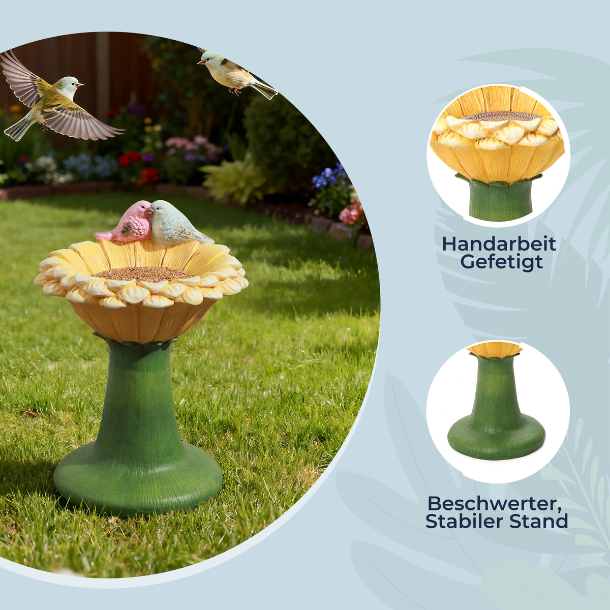 Sonnenblumen-Vogelfutterspender aus MGO – Gartendekoration mit 2 dekorativen Vögeln, wetterfest, 32,5x32x45 cm, 4,5 kg, ideal für Balkon, Garten & Terrasse