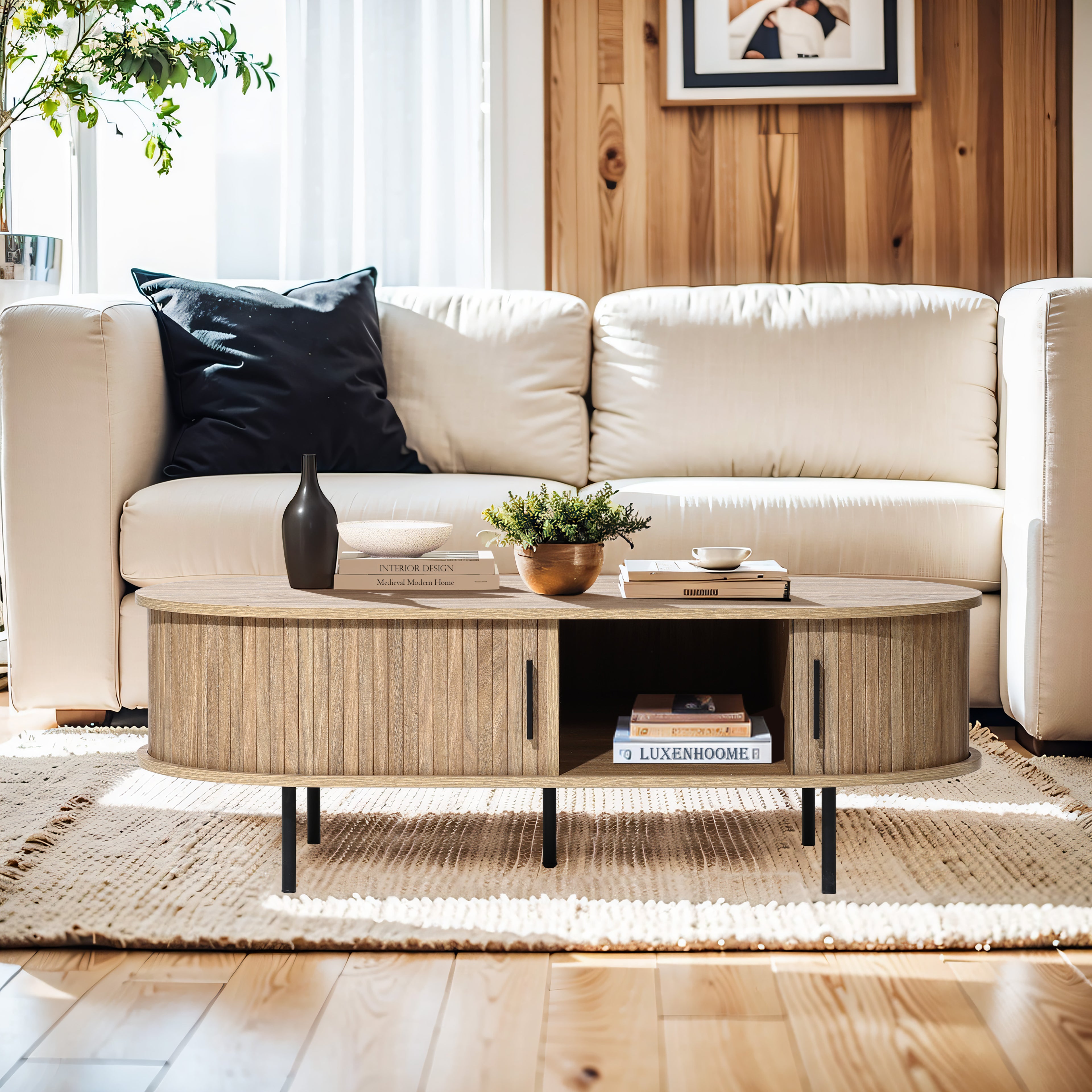 Ovaler Couchtisch mit Stauraum und Holzoptik