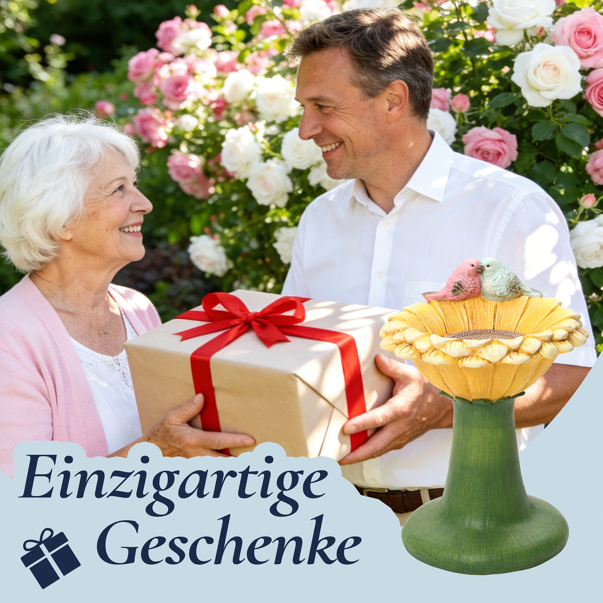 Sonnenblumen-Vogelfutterspender aus MGO – Gartendekoration mit 2 dekorativen Vögeln, wetterfest, 32,5x32x45 cm, 4,5 kg, ideal für Balkon, Garten & Terrasse