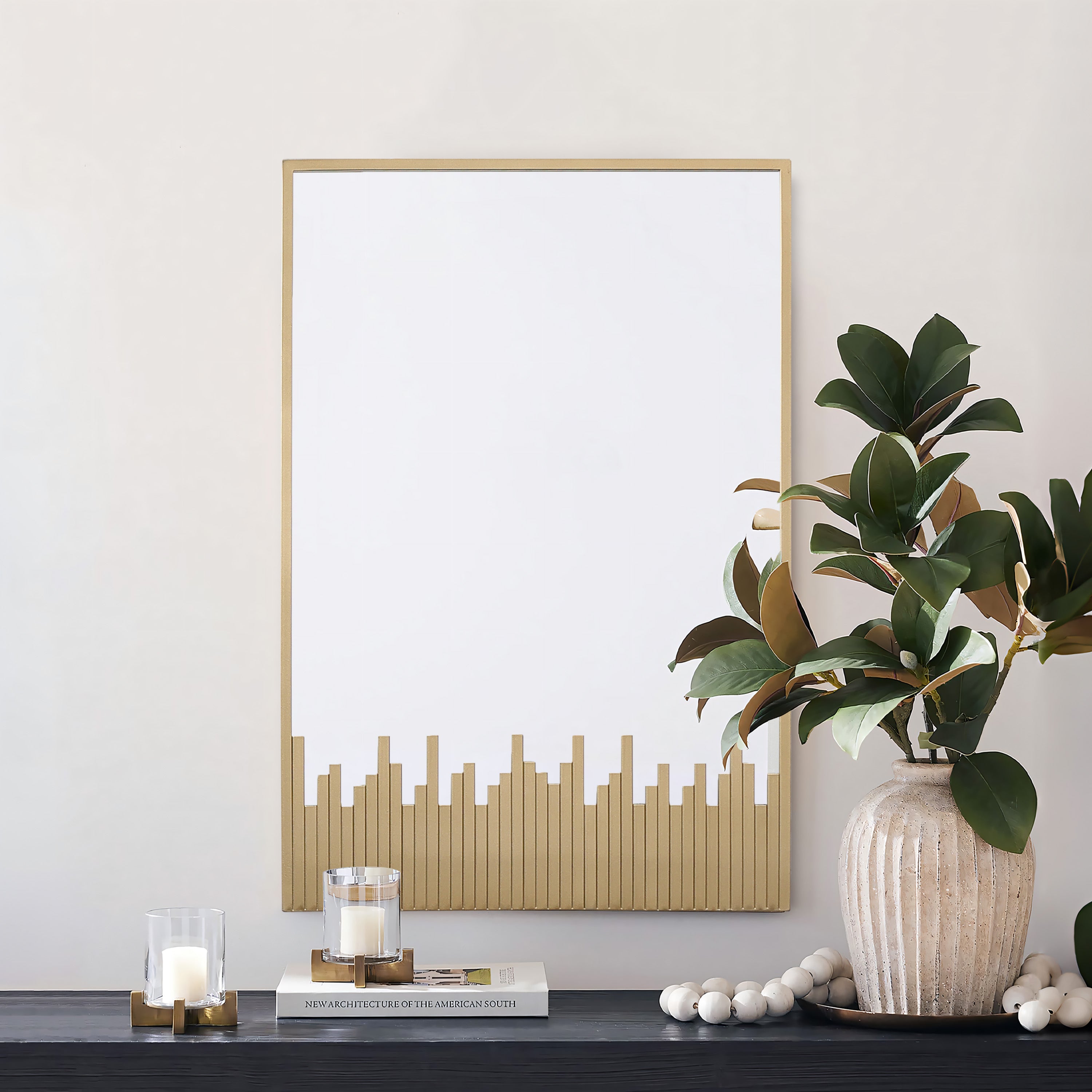 Rechteckiger Metall-Wandspiegel mit Skyline-Design – Moderner Deko-Spiegel für Wohnraum