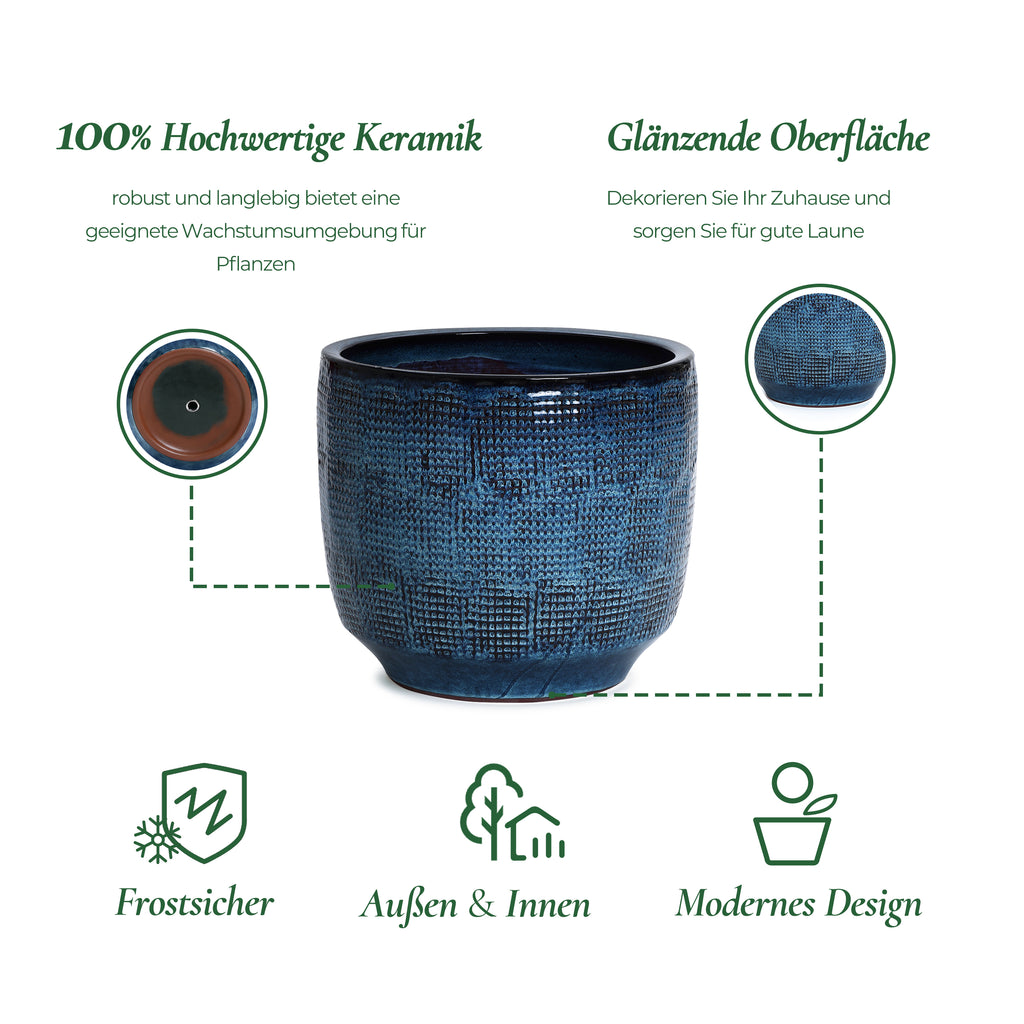 Keramik Blumentopf Groß, Round Übertöpfe Außen & Innen, Massiver Pflanzkübel mit Drainage-Loch ideal für Wohnzimmer, Küche und Balkon (Marineblau, Ø40xH34 cm)