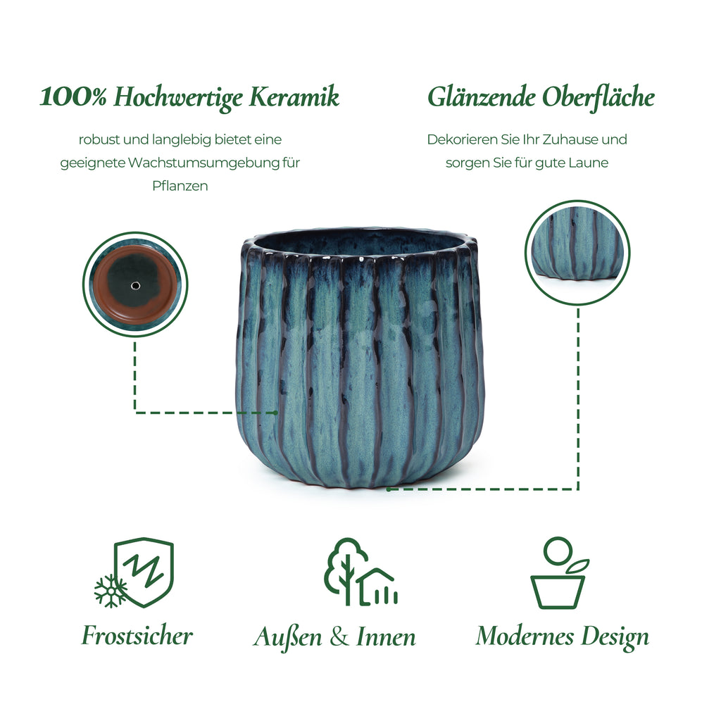 Keramik Blumentopf Ø23 cm Rund, Blau-Weiß Übertopf mit Drainage-Loch,Frostsicher Wetterfester Pflanzkübel für Balkon Garten Terrasse Wohnzimmer
