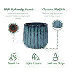 Keramik Blumentopf Ø23 cm Rund, Blau-Weiß Übertopf mit Drainage-Loch,Frostsicher Wetterfester Pflanzkübel für Balkon Garten Terrasse Wohnzimmer