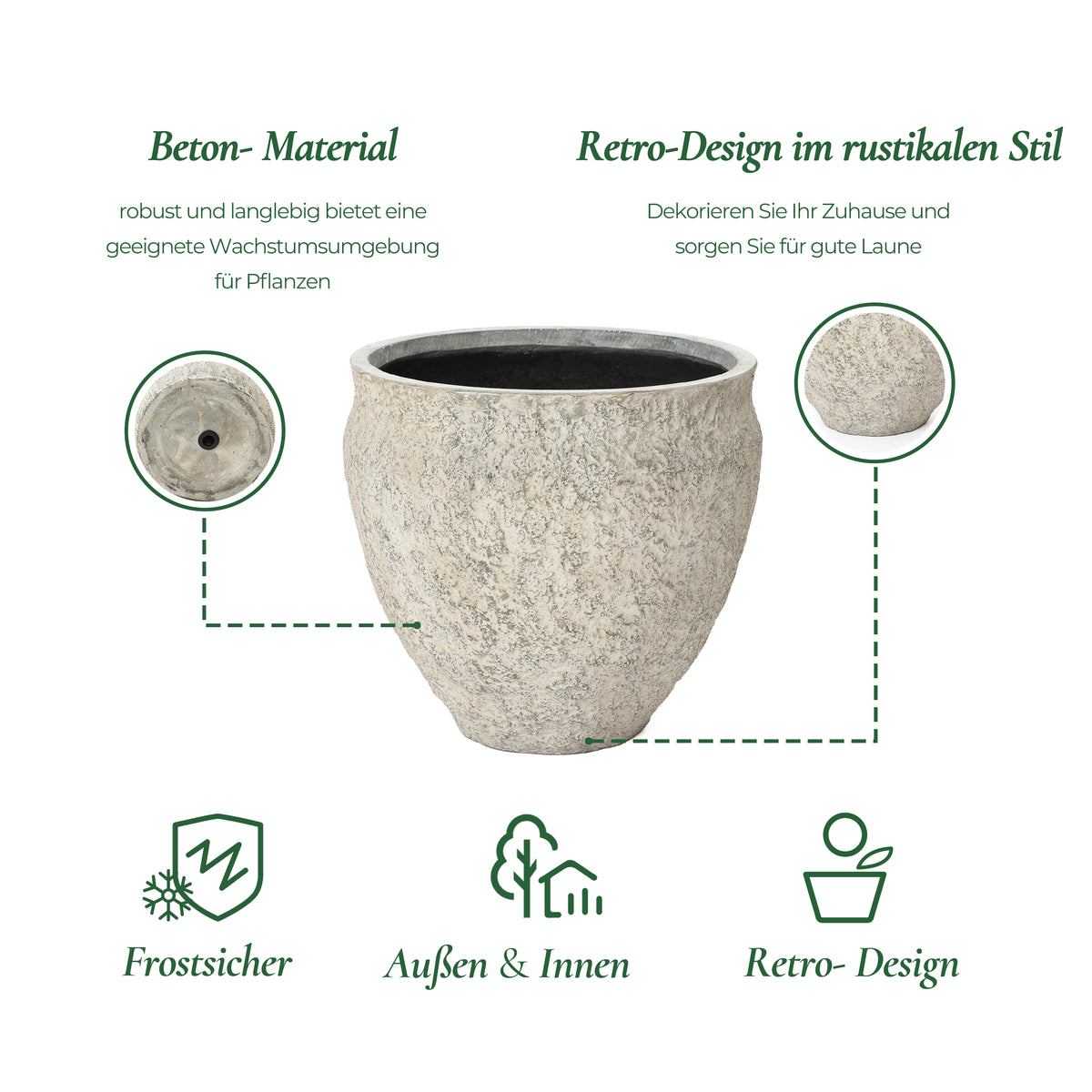 Hometopia Blumentopf Groß, Rund Übertöpfe Betonoptik für Außen & Innen, Massiver Pflanzkübel mit Drainage-Loch ideal für Wohnzimmer, Küche und Balkon (Hellgrau, Ø42xH37 cm)