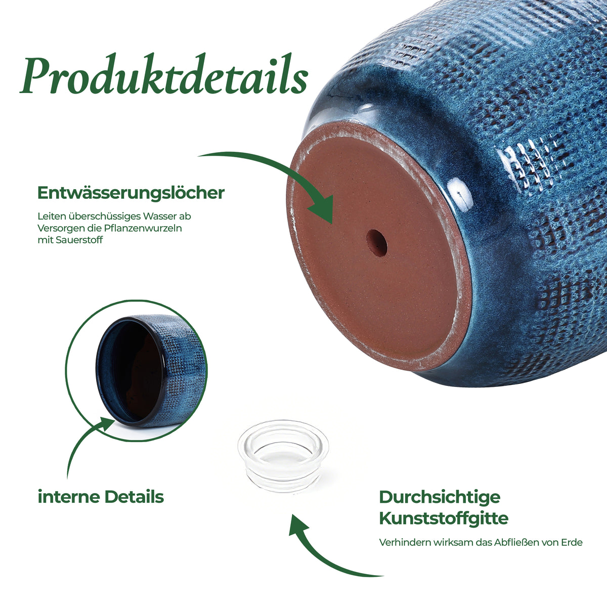 Keramik Blumentopf Groß, Round Übertöpfe Außen & Innen, Massiver Pflanzkübel mit Drainage-Loch ideal für Wohnzimmer, Küche und Balkon (Marineblau, Ø30xH28 cm)