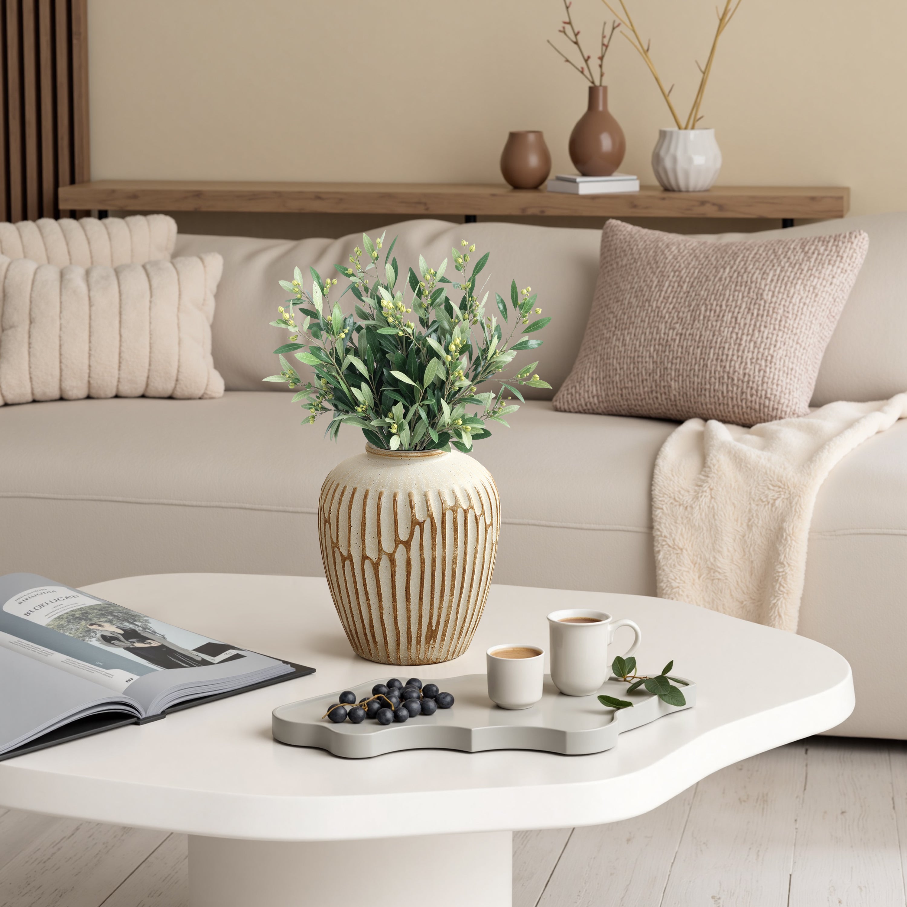 Handgefertigt Boho-Vintage Keramikvase, bauchige Form