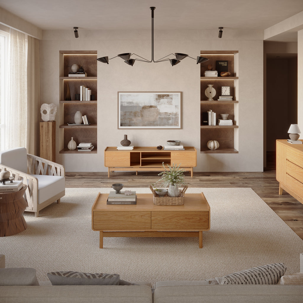 Moderner Couchtisch aus Holzoptik – 120 cm mit Stauraum und Schubladen