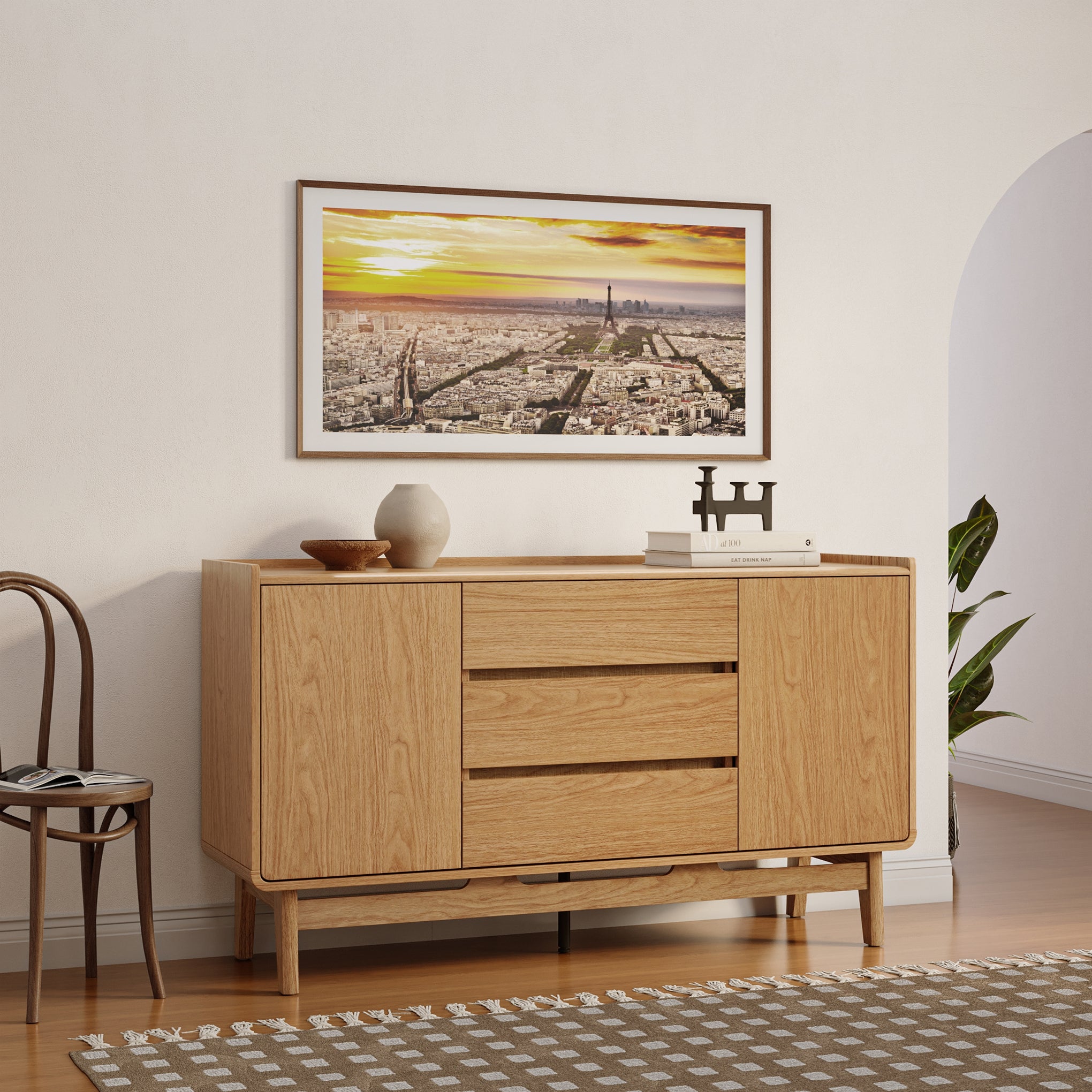 Modernes Sideboard in Eichenoptik mit 3 Schubladen und 2 Türen – 140 cm