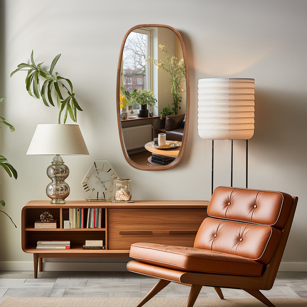 Jean-Serie Runder Rechteck-Wandspiegel mit Holzrahmen