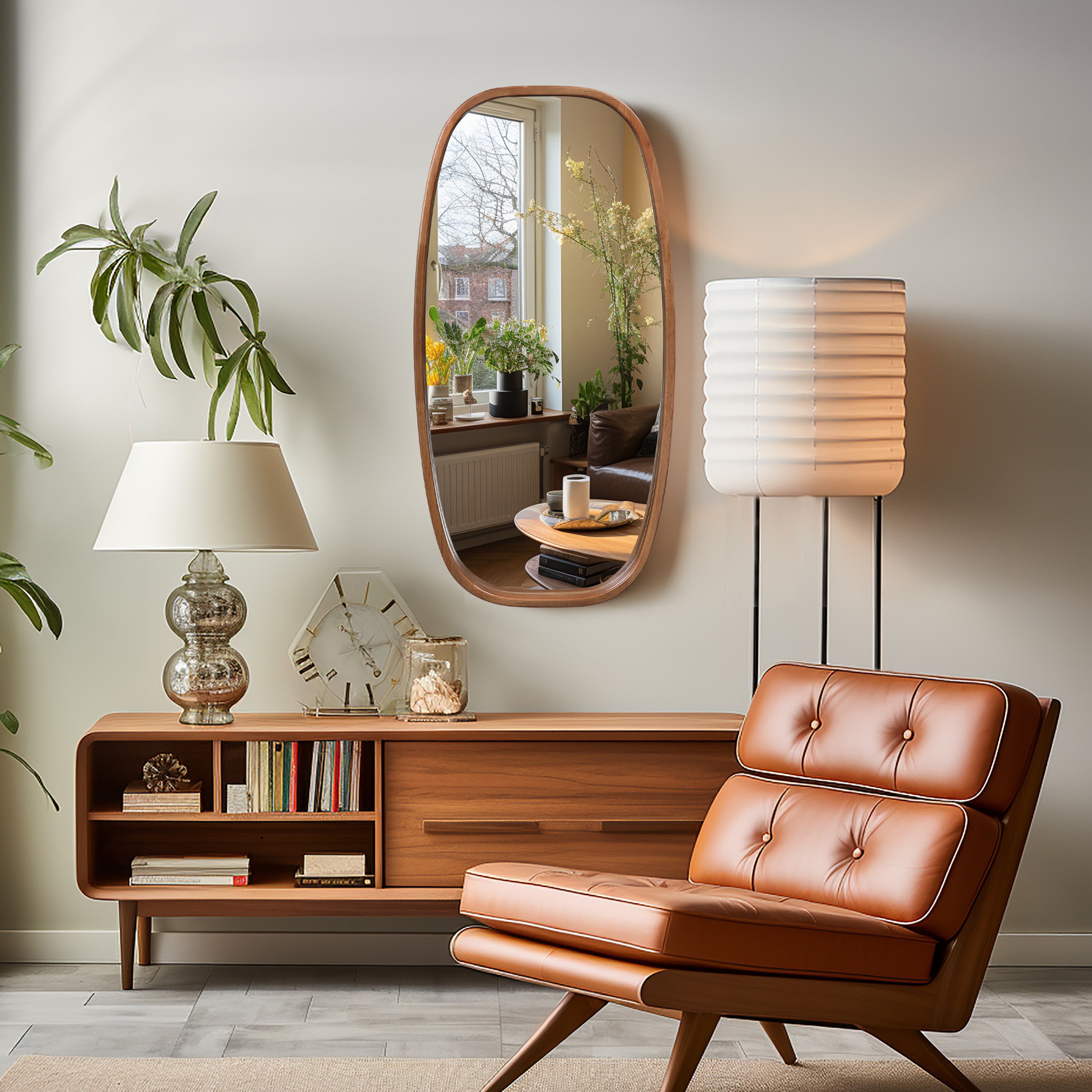 Jean-Serie Runder Rechteck-Wandspiegel mit Holzrahmen