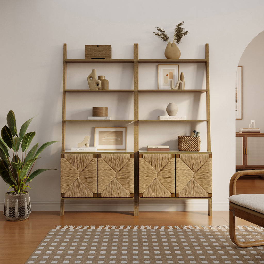 Regal im Vintage-Naturstil aus Holz – Aufbewahrungsregal mit 2 Türen und Flecht-Front