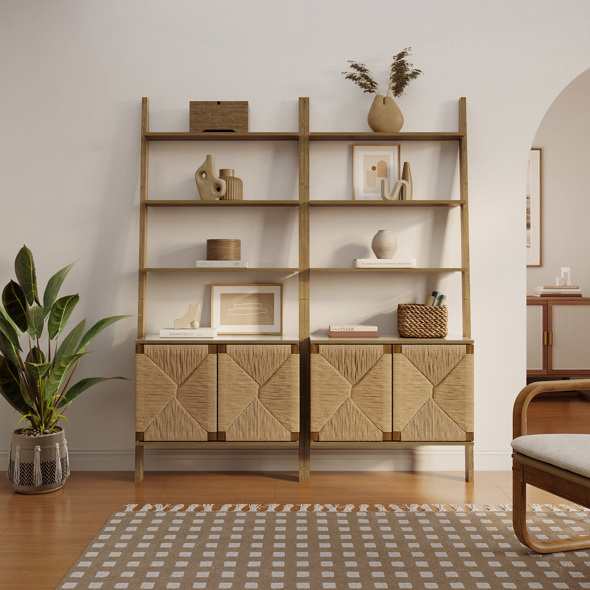 Regal im Vintage-Naturstil aus Holz – Aufbewahrungsregal mit 2 Türen und Flecht-Front