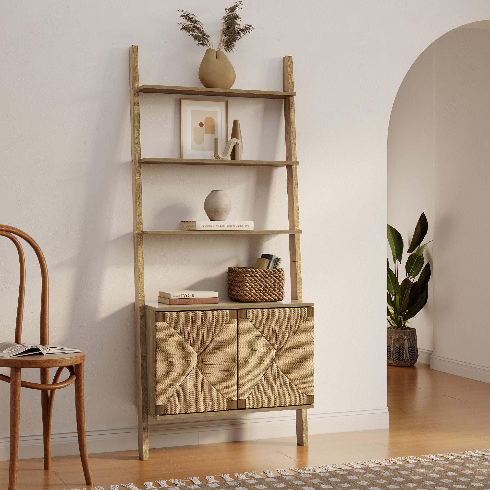 aufbewahrung regal holz Regal im Vintage-Naturstil aus Holz – Aufbewahrungsregal mit 2 Türen und Flecht-Front