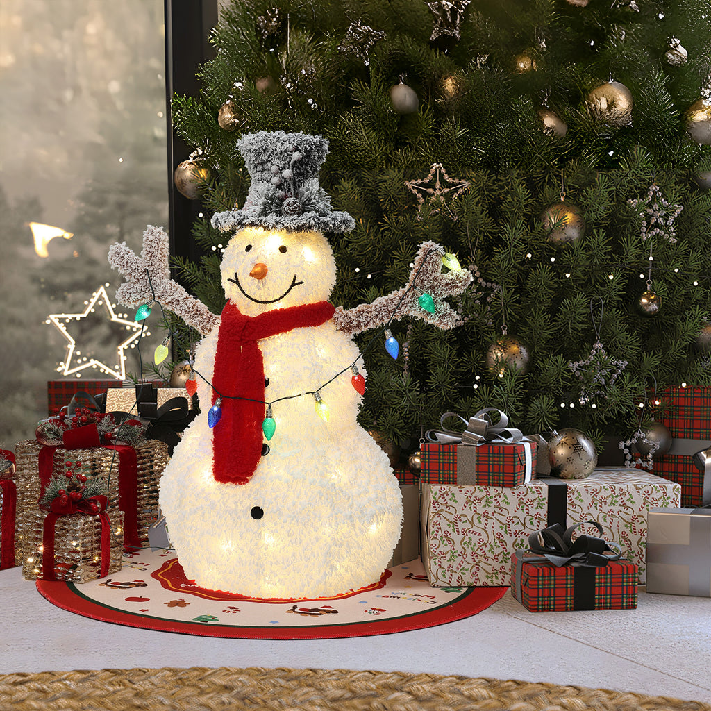LED-Schneemann mit Schneeeffekt –  Leuchtende Weihnachtsfigur mit Zylinderhut, rotem Schal für Innen und Außen