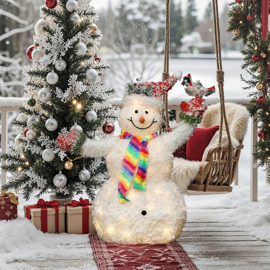 LED-Schneemann mit Schneeeffekt und Rotkehlchen –  Leuchtende Weihnachtsdeko für Innen und Außen