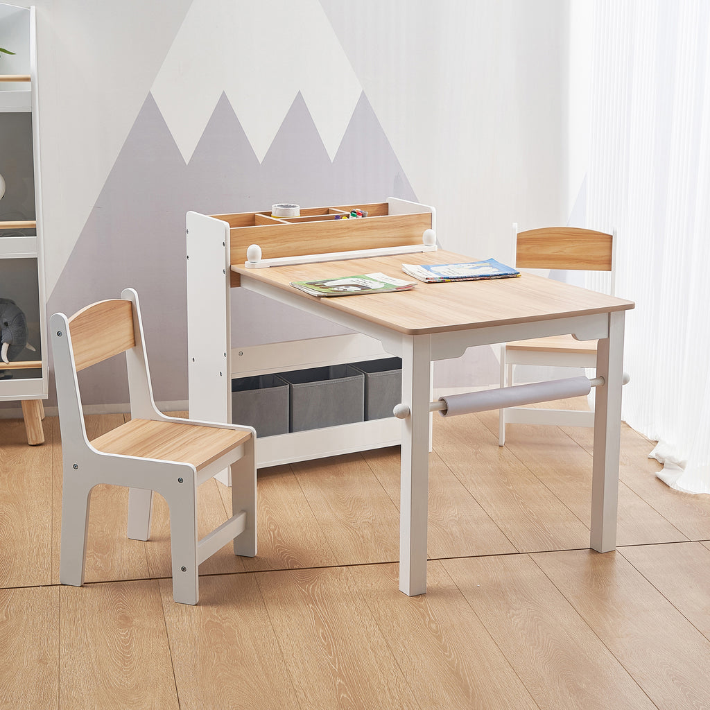 Kinder-Schreibtisch mit Bücherregal, 2 Stühlen und Papierrollenhalter, Weiß/Natur