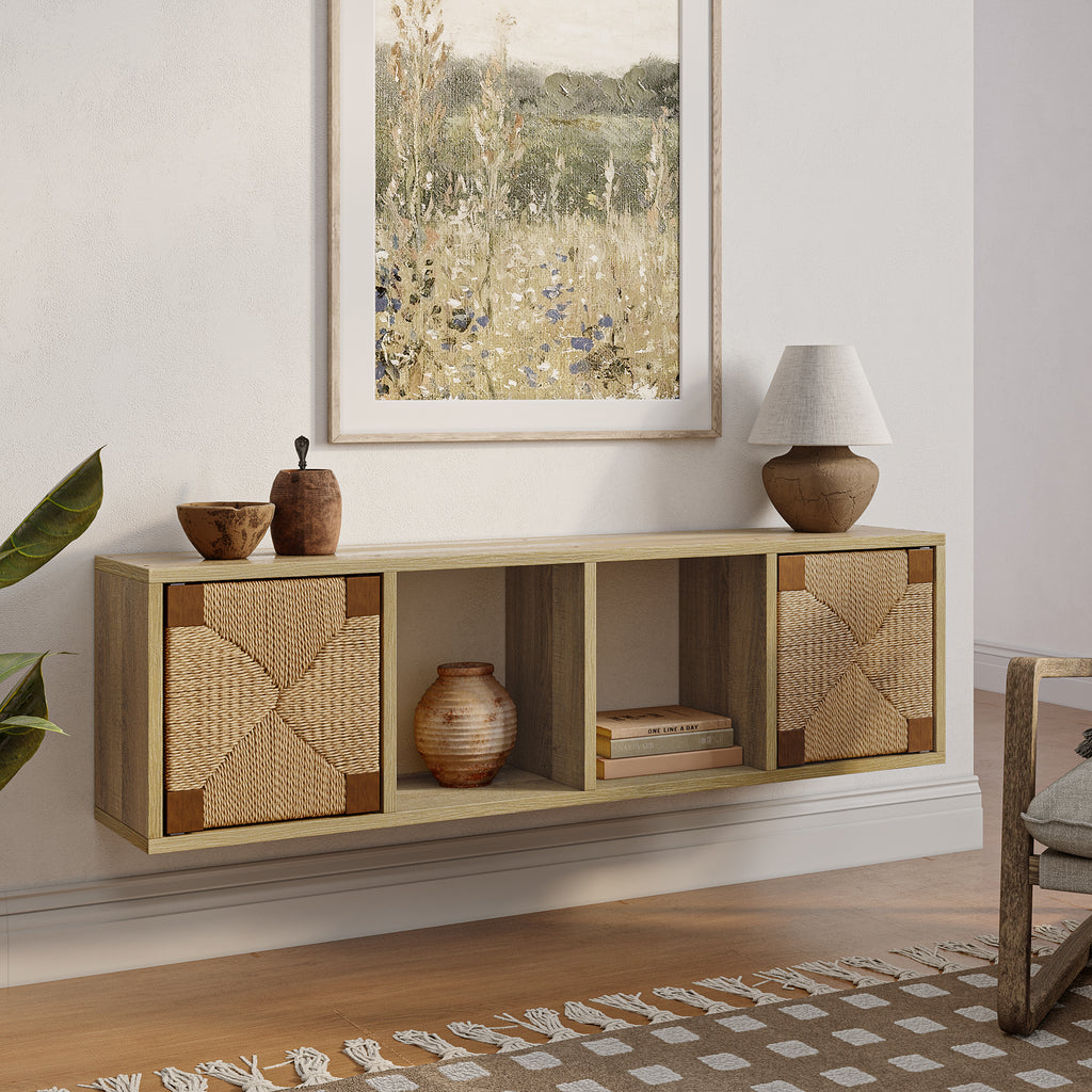 Hängendes Wandregal mit Jutegeflecht-Türen – 107 cm