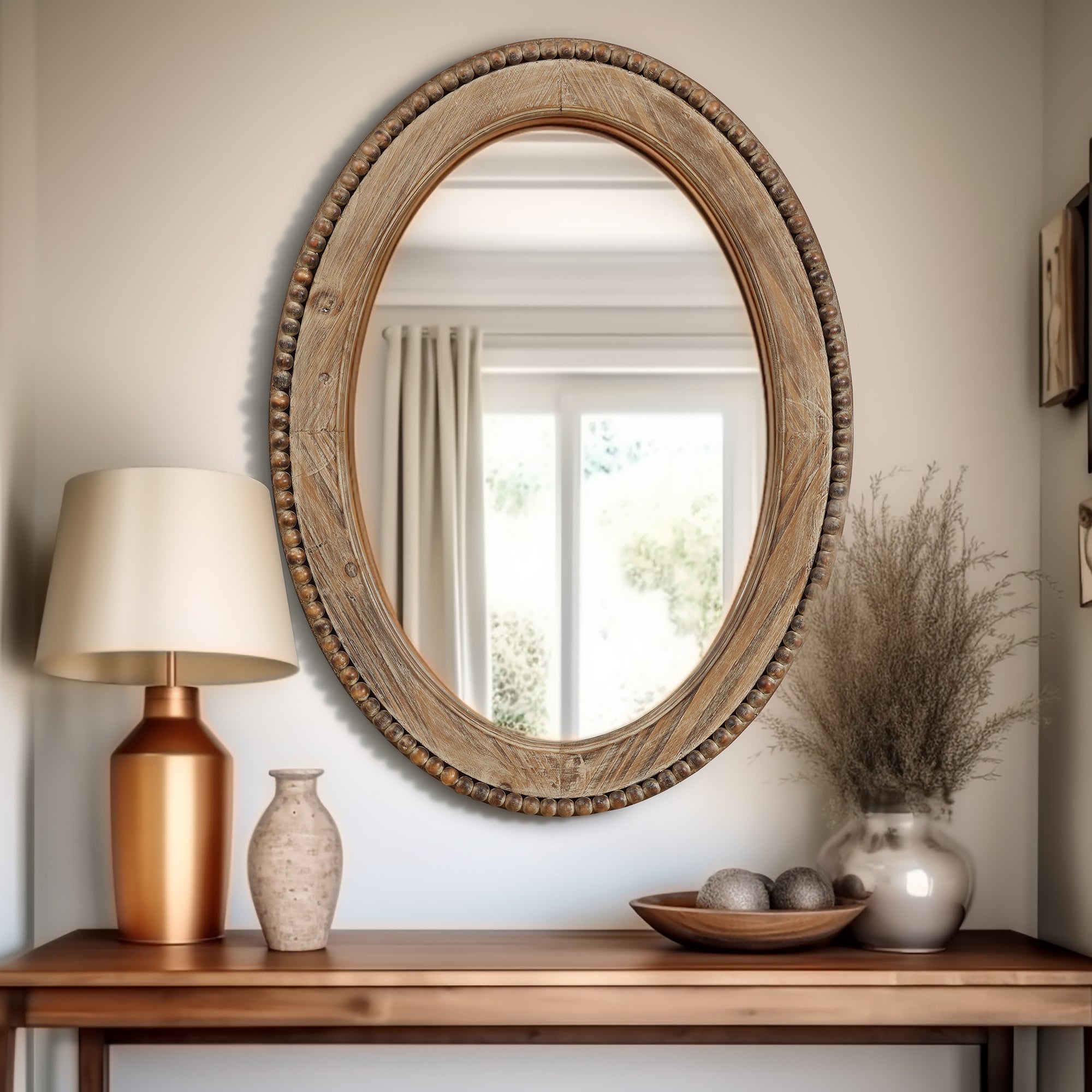 Elliptischer Holz-Wandspiegel mit Perlrand – Rustikal-Eleganter Deko-Spiegel