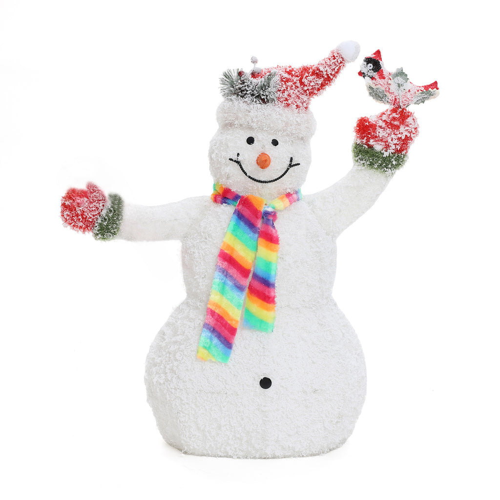 LED-Schneemann mit Schneeeffekt und Rotkehlchen –  Leuchtende Weihnachtsdeko für Innen und Außen