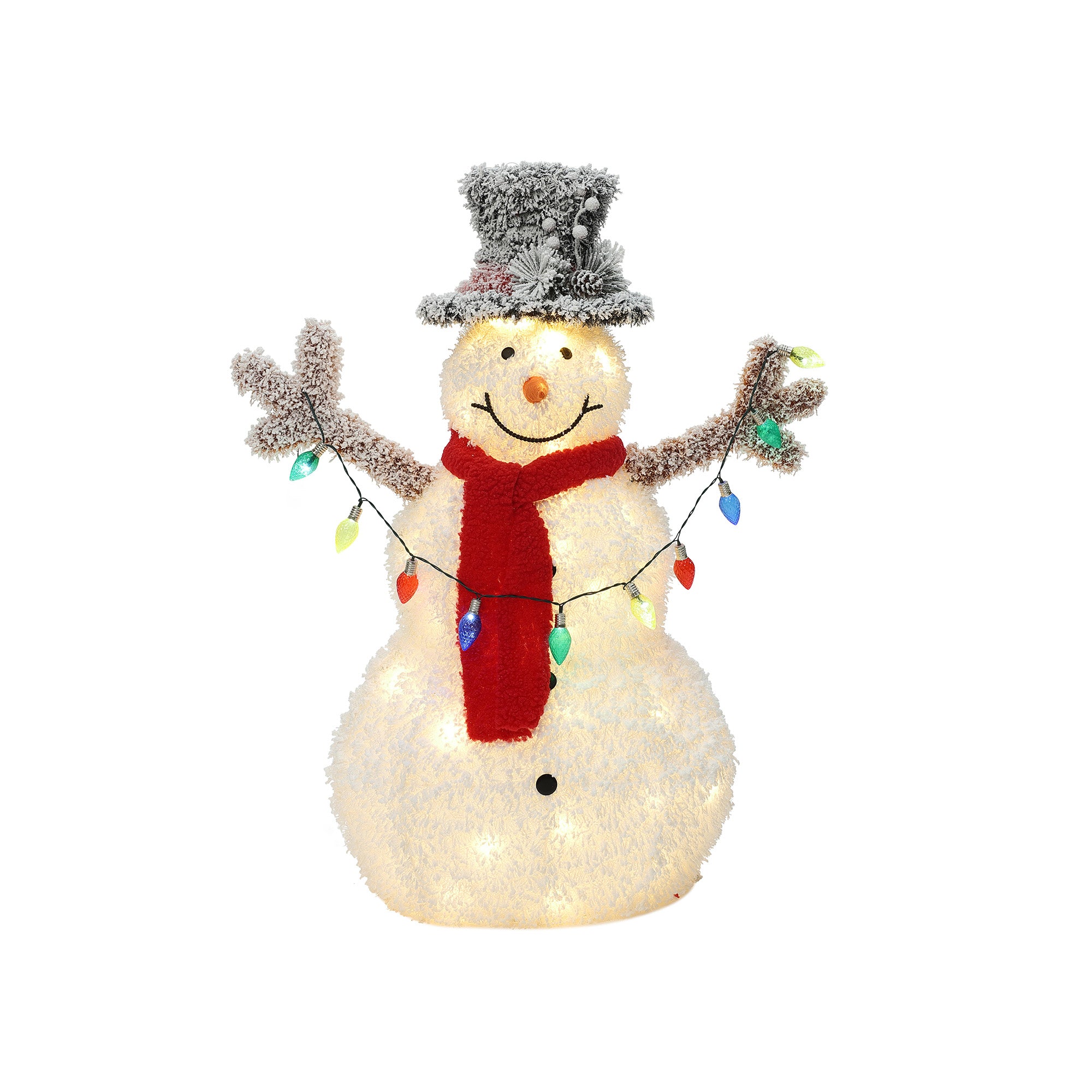 LED-Schneemann mit Schneeeffekt –  Leuchtende Weihnachtsfigur mit Zylinderhut, rotem Schal für Innen und Außen