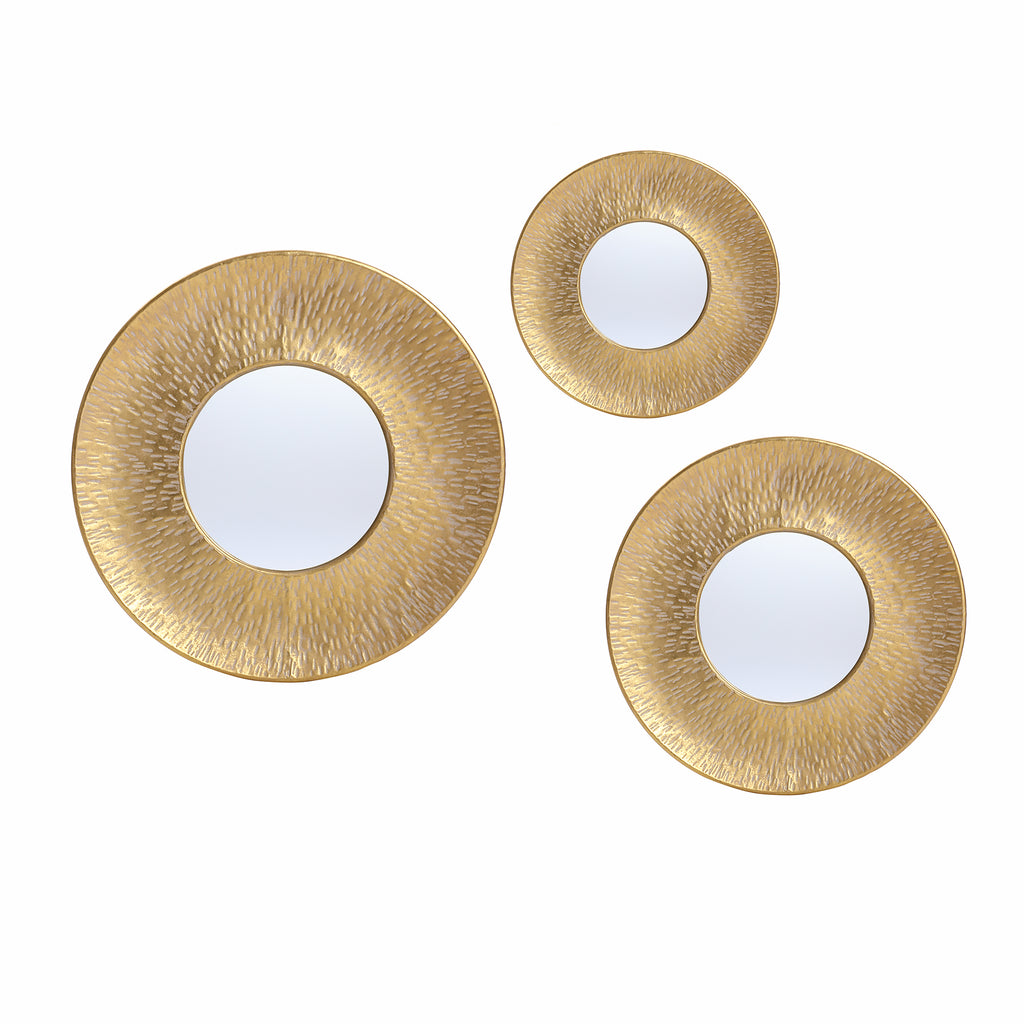 3-teiliges Goldenes Harz-Wandspiegel-Set – Runde Deko-Spiegel mit strukturiertem Rahmen
