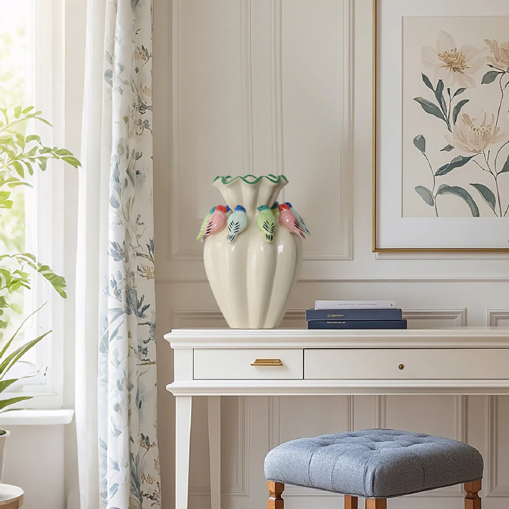 38,5 cm Keramikvase mit bunten Vogelmotiven