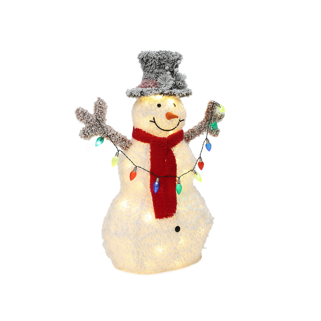 LED-Schneemann mit Schneeeffekt –  Leuchtende Weihnachtsfigur mit Zylinderhut, rotem Schal für Innen und Außen