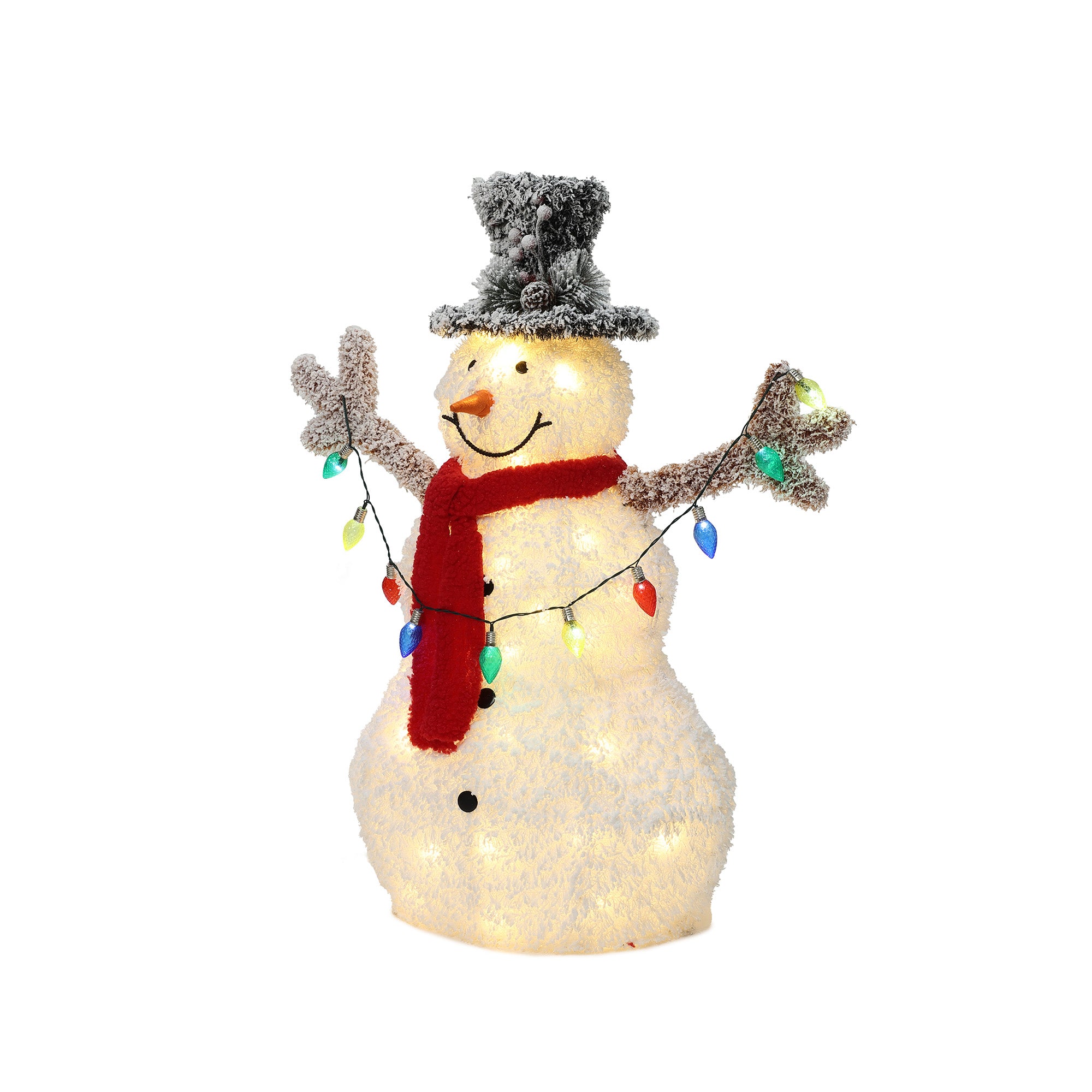 LED-Schneemann mit Schneeeffekt –  Leuchtende Weihnachtsfigur mit Zylinderhut, rotem Schal für Innen und Außen
