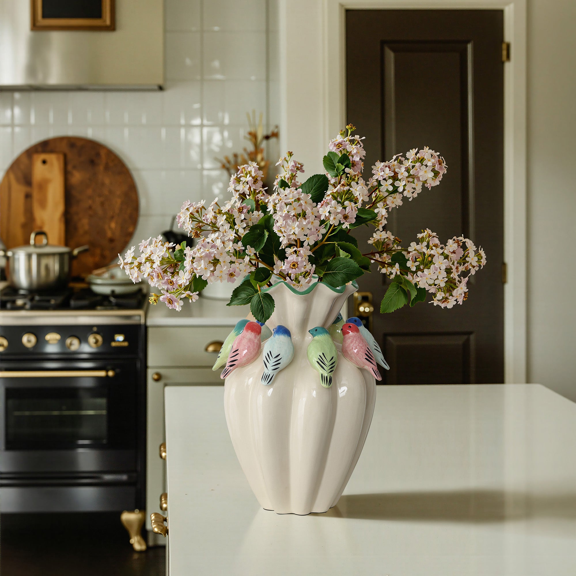 38,5 cm Keramikvase mit bunten Vogelmotiven